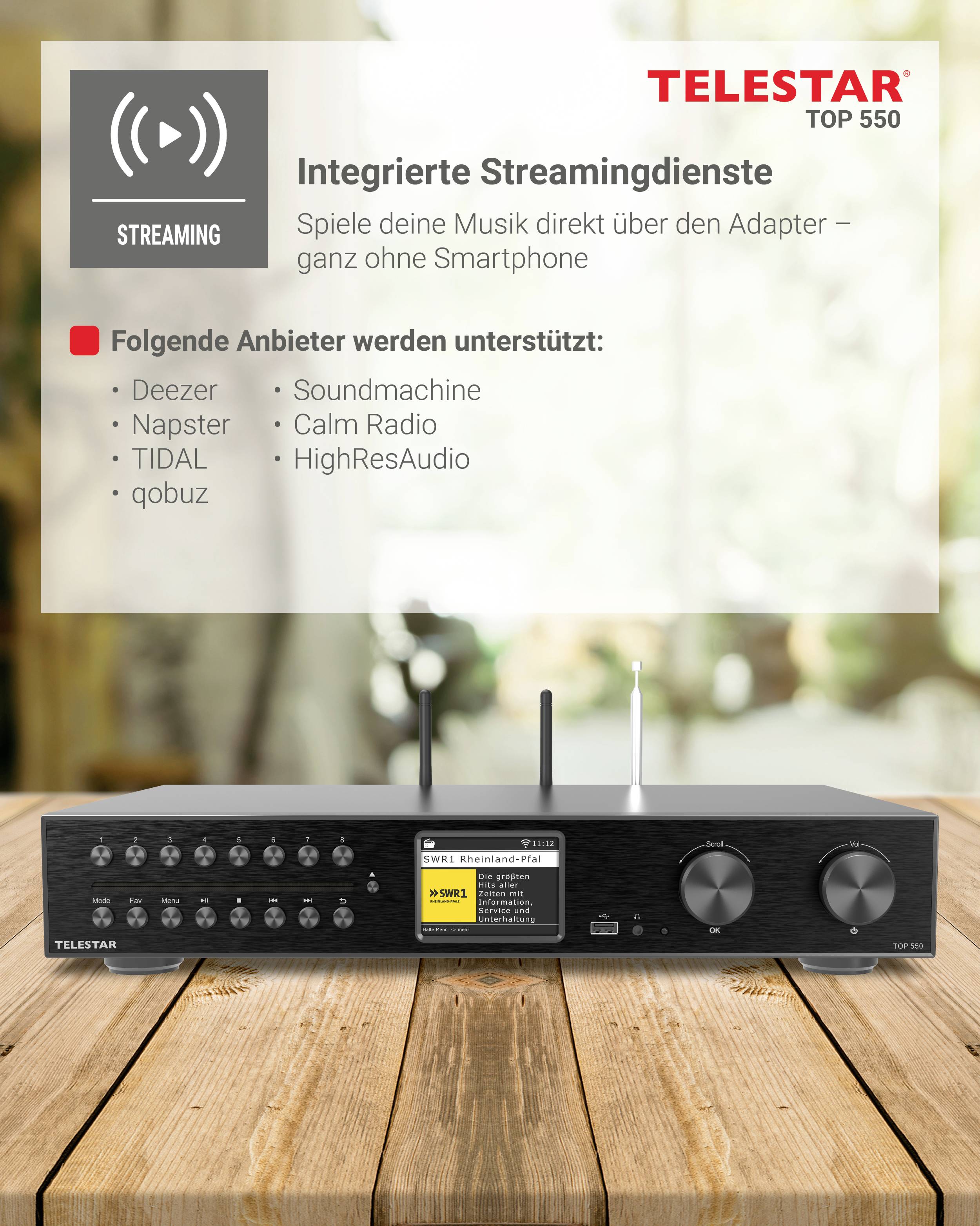 Integrierte Streamingdienste auf einem Audioadapter. Unterstützt Deezer, Napster, TIDAL, qobuz, Soundmachine, Calm Radio, HighResAudio.
