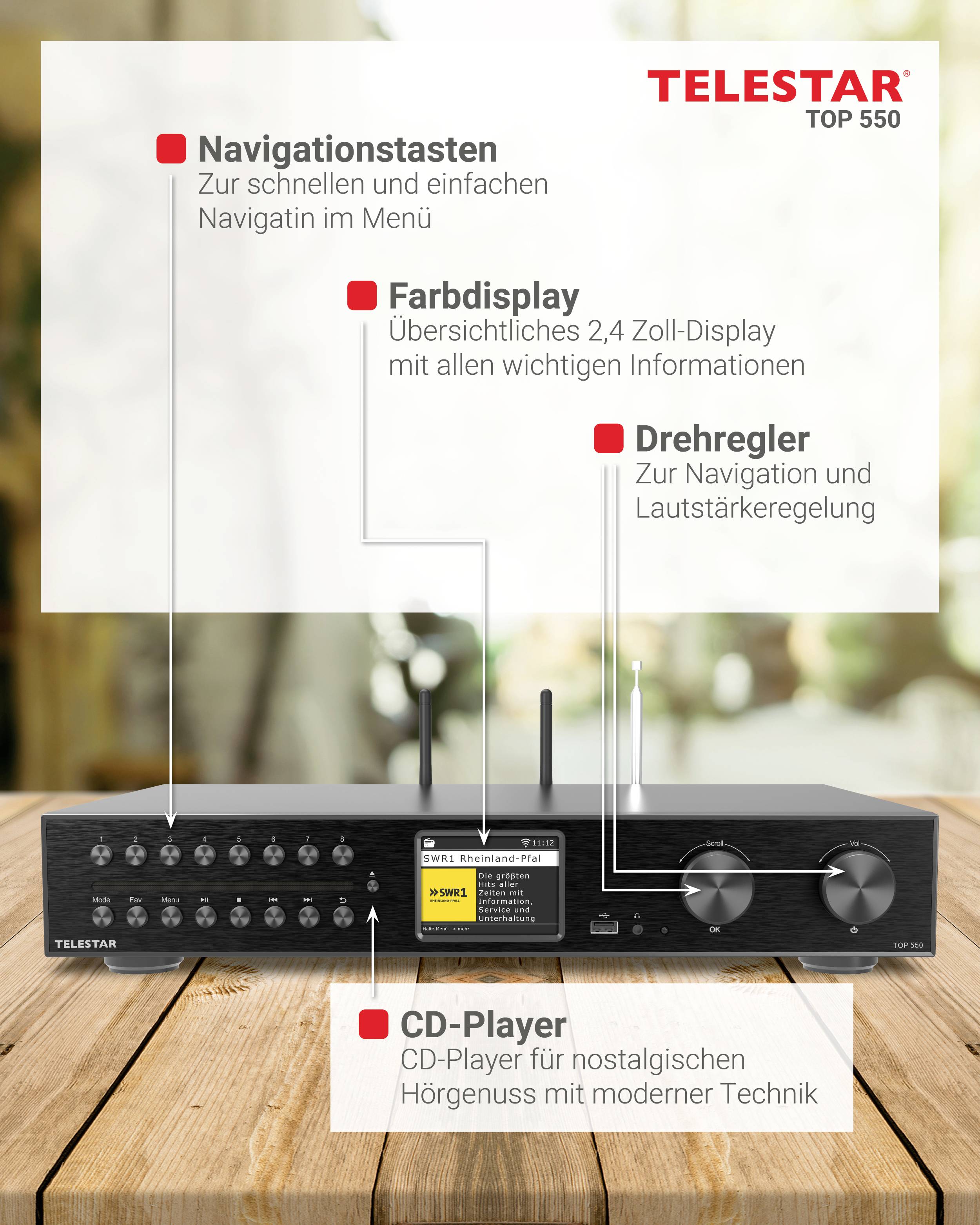 TELESTAR TOP 550 Stereoanlage mit Navigationstasten, 2,4-Zoll-Farbdisplay, Drehregler und integriertem CD-Player für erstklassige Tonqualität.