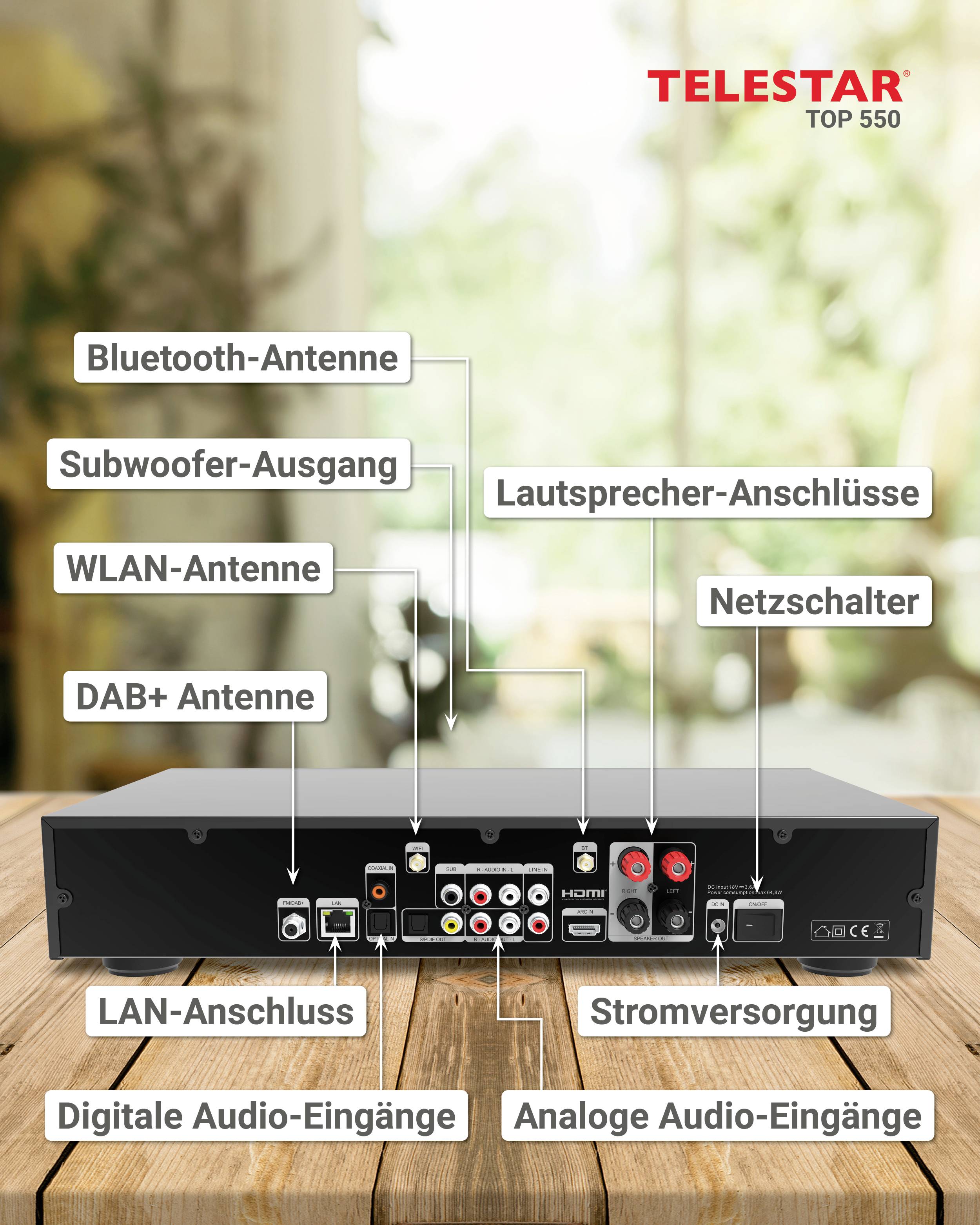 Rückansicht eines Audioempfängers mit hervorgehobenen Anschlüssen: Bluetooth-, WLAN-, DAB+ Antennen, LAN-Anschluss, Audio-Eingänge.