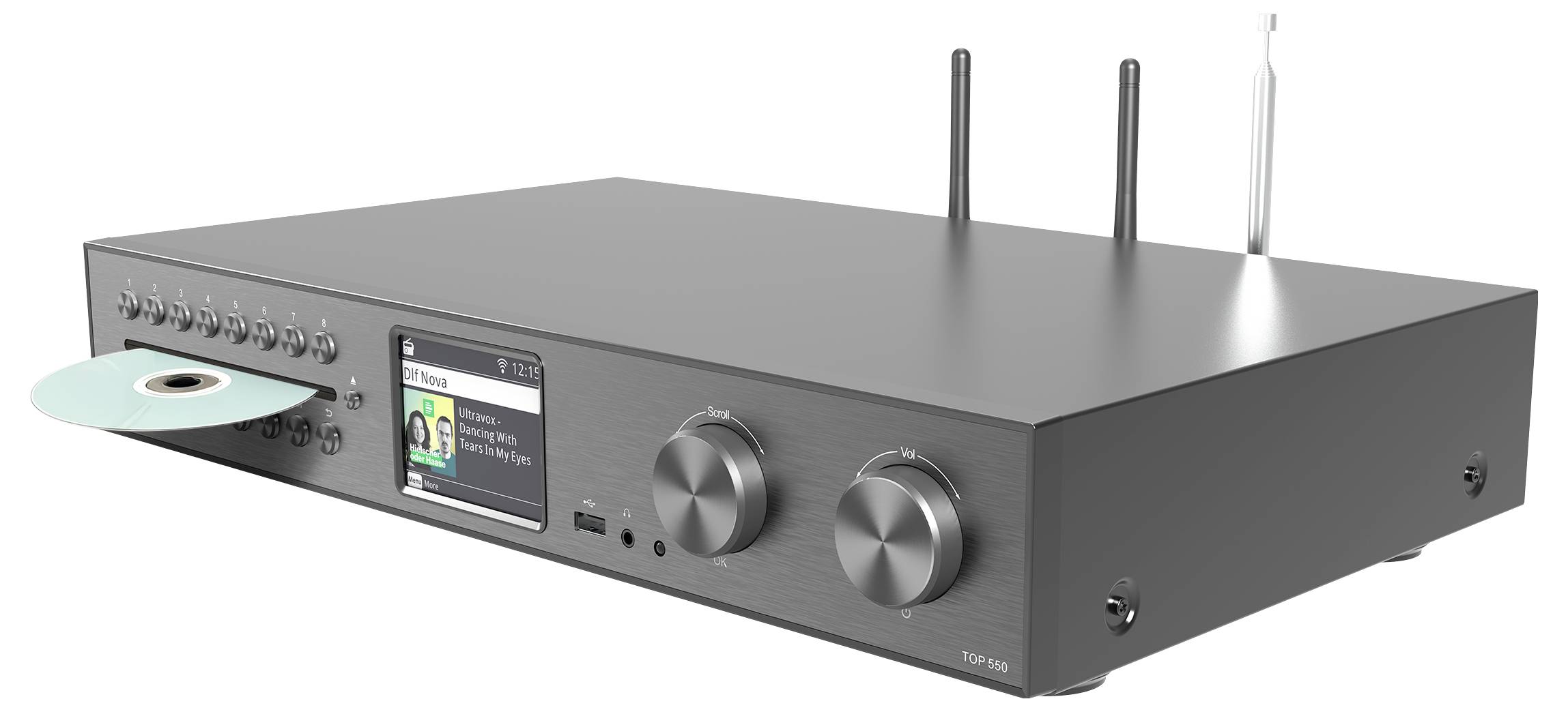 Ein schlankes, schwarzes Audiogerät mit Antennen und einer teilweise eingeschobenen CD. Es verfügt über ein Display, das 