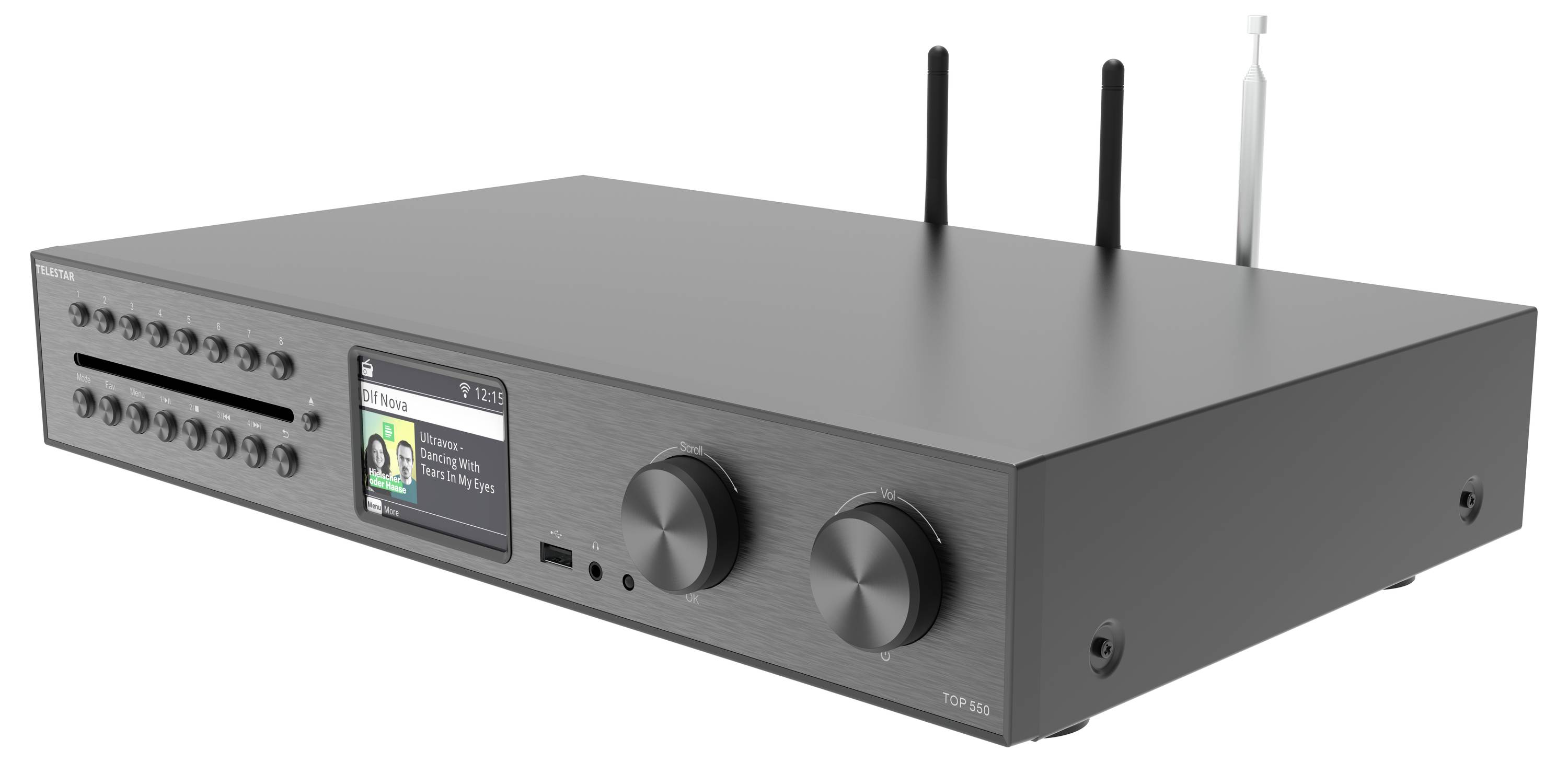 Ein schlanker schwarzer Audio-Empfänger mit Doppelantenne, mehreren Bedienungstasten und einer digitalen Anzeige, die zwei Personen und Text zeigt.