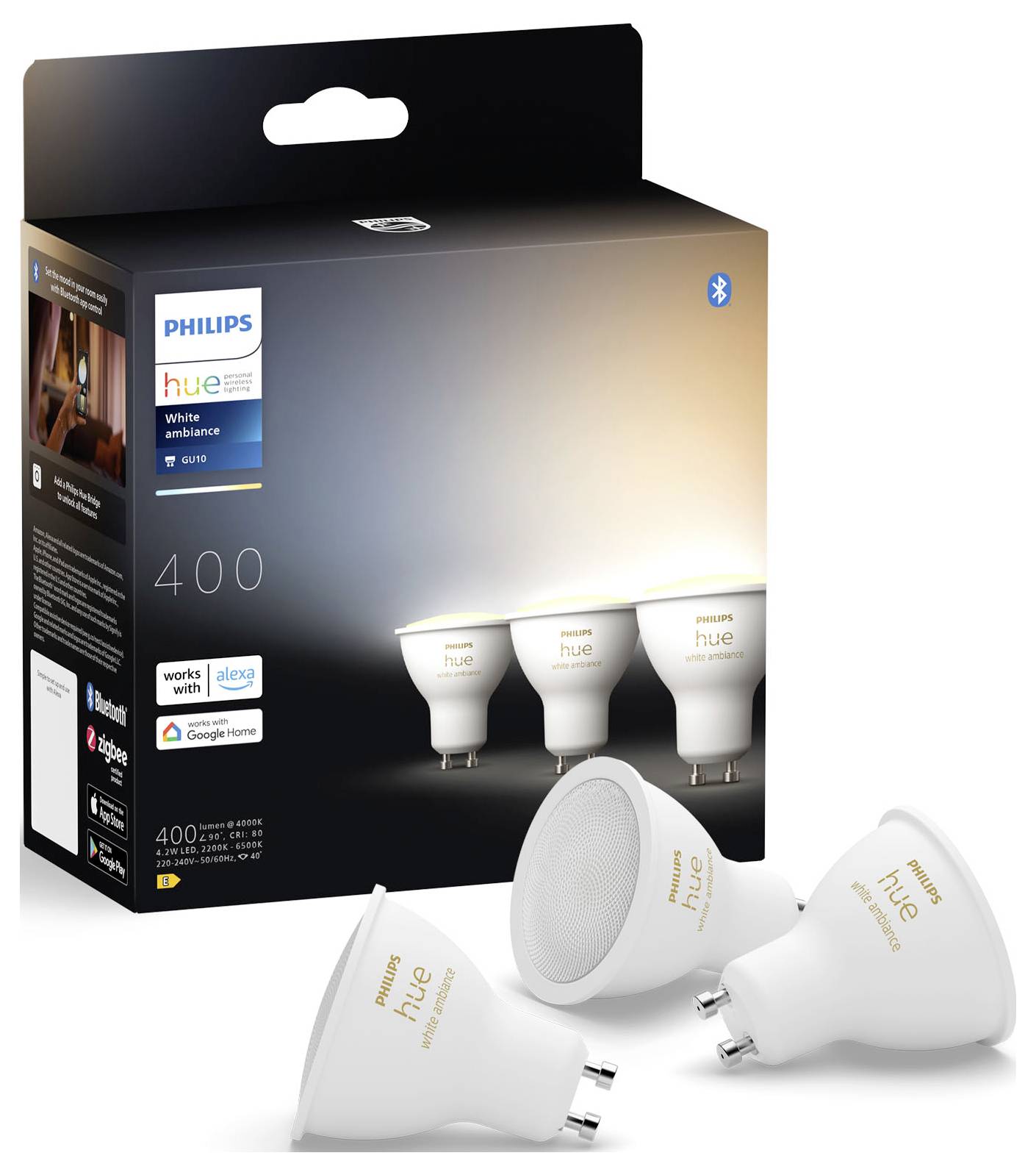 Philips Hue White Ambiance LED-Lampen, GU10, 400 Lumen, kompatibel mit Alexa, Google Home und Bluetooth. Verpackung zeigt drei Lampen.