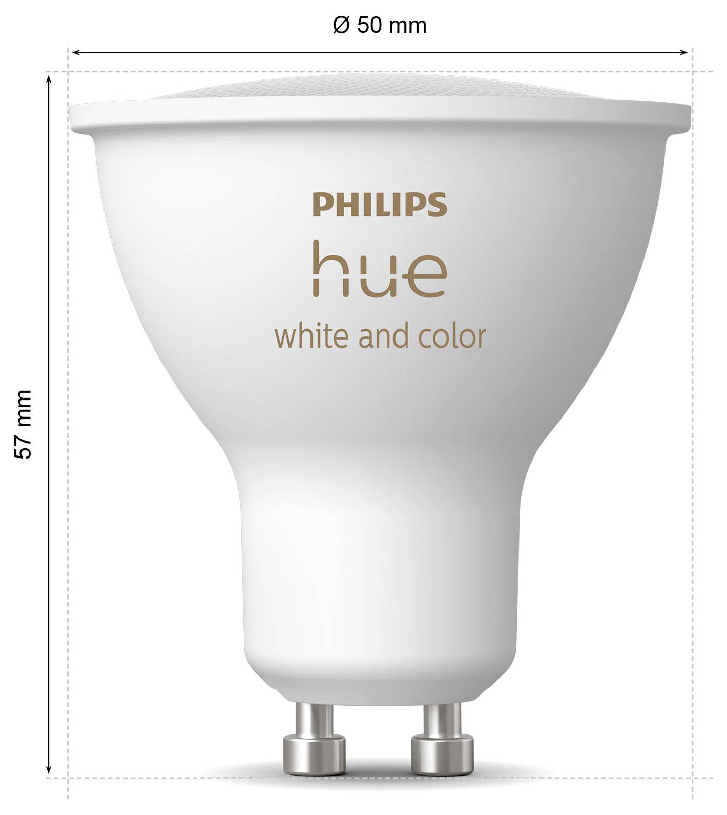 Philips Hue weiße und farbige Smart-LED-Lampe, misst Ø 50 mm und 57 mm in der Höhe, dargestellt mit GU10-Sockel.
