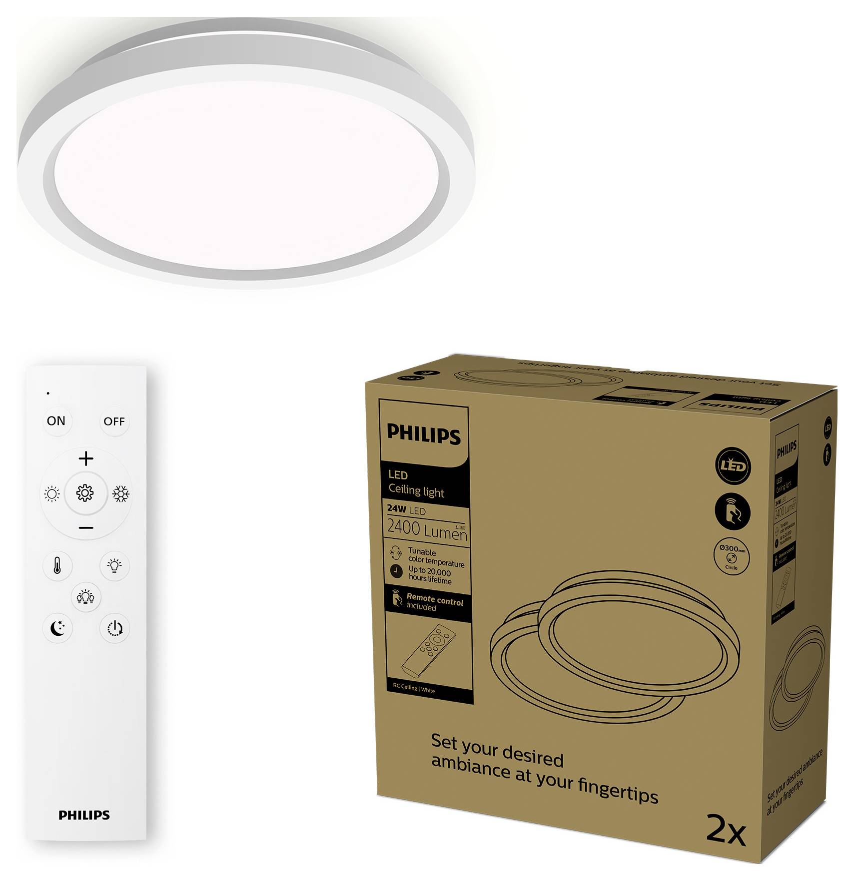 Eine Philips LED-Deckenleuchte mit Fernbedienung wird neben ihrer Verpackungsbox gezeigt. Die Box hebt die Helligkeit von '2400 Lumen' hervor.