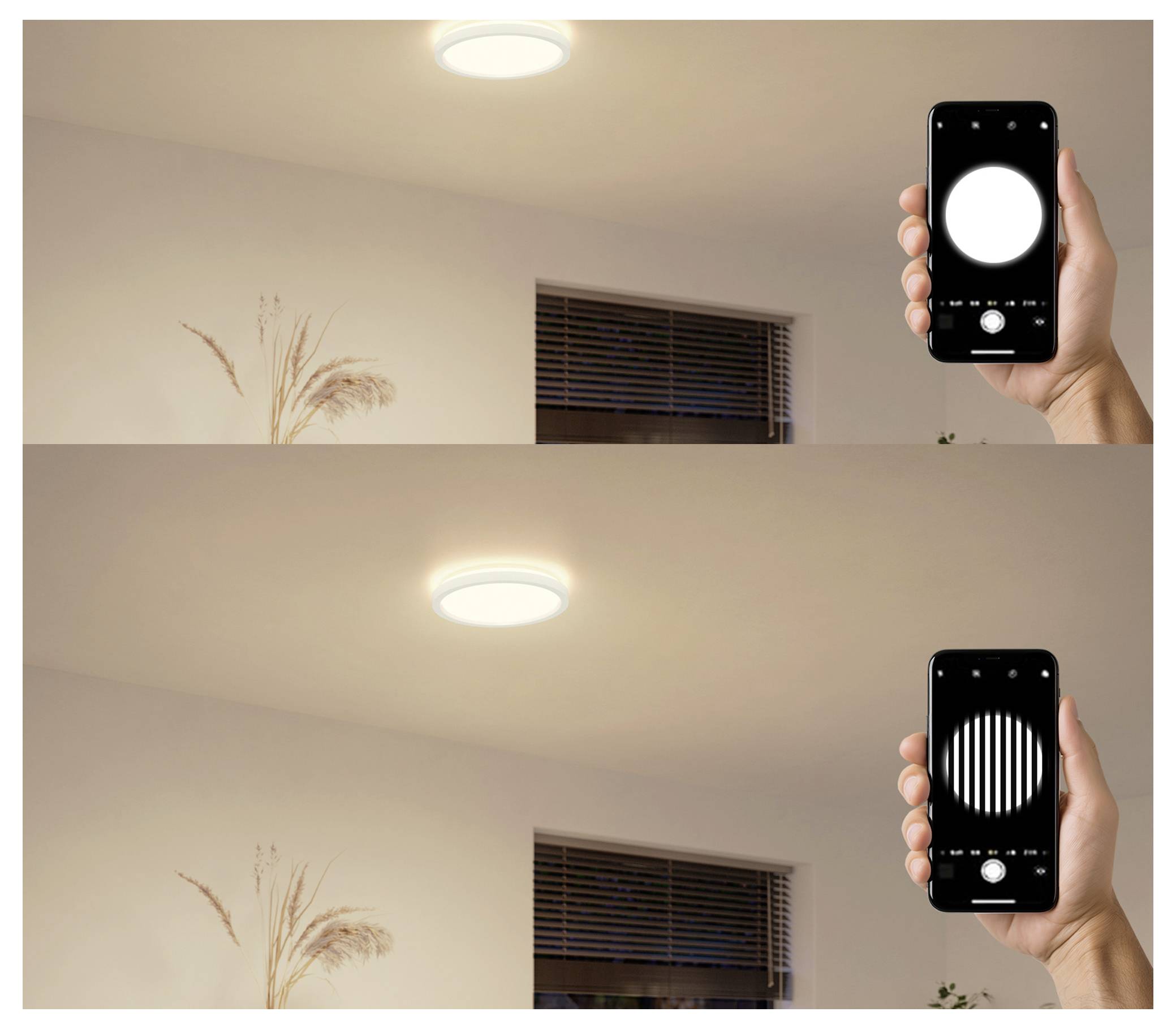 Eine Hand hält ein Smartphone, das verschiedene Lichteinstellungen zeigt und eine Deckenlampe in einem Raum mit einer Pflanze und einem Fenster im Hintergrund steuert.