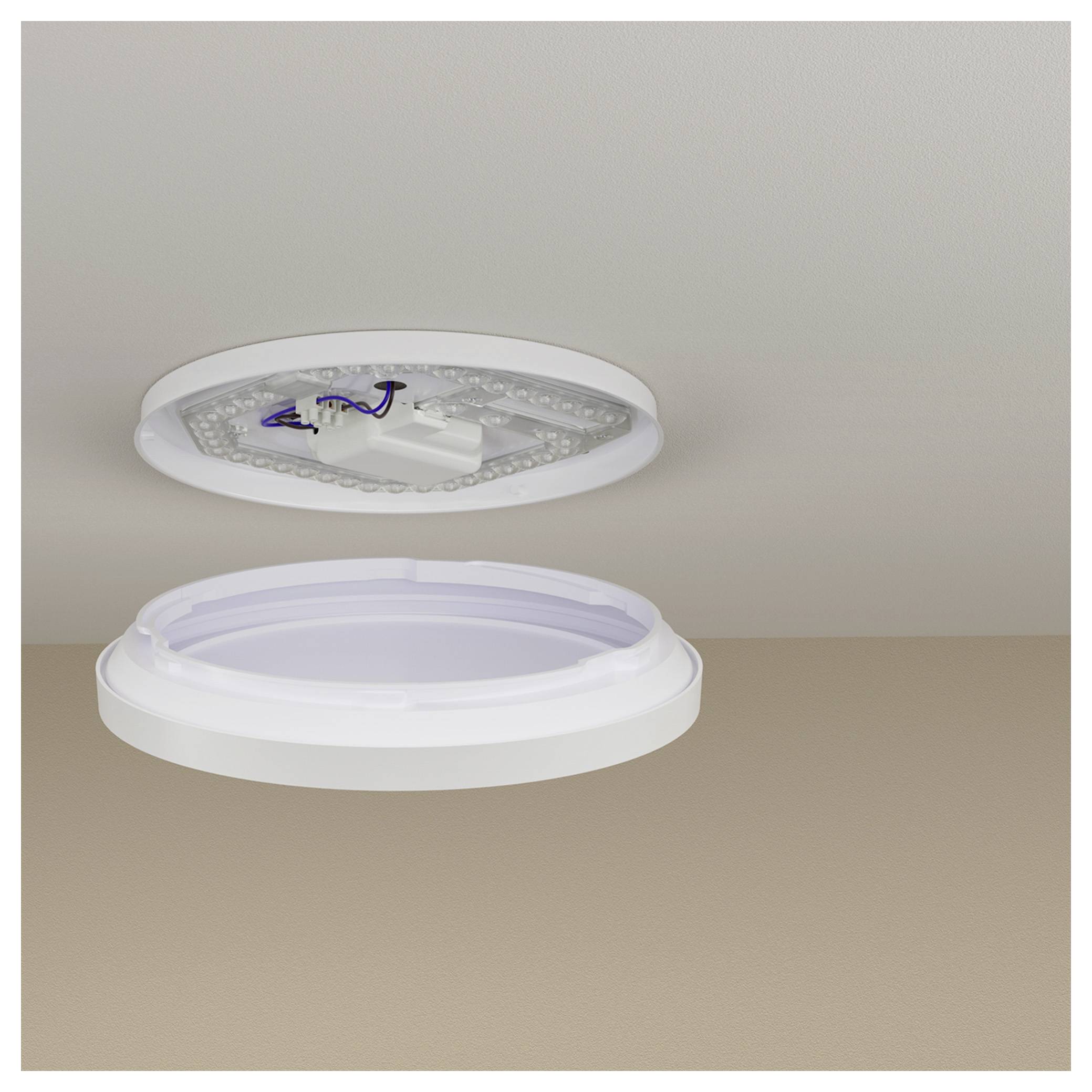 Eine Decke ist mit einer abgenommenen runden LED-Deckenleuchte zu sehen. Die Leuchte ist weiß mit freiliegenden LEDs und einer leeren Befestigungsbasis.