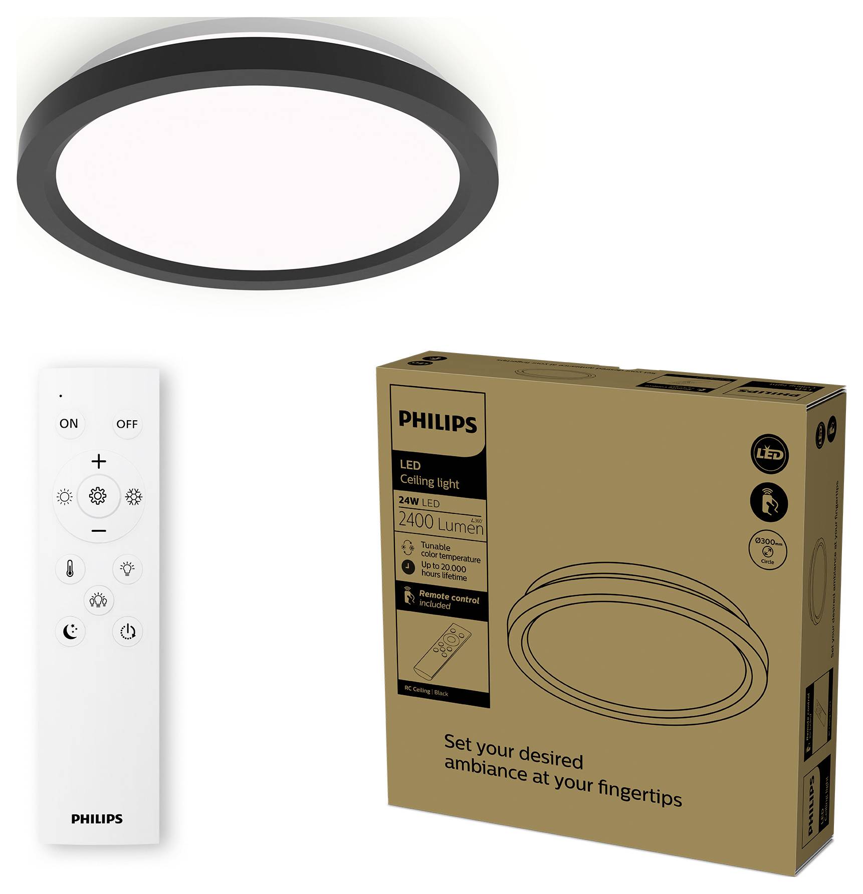 LED-Deckenleuchte mit Fernbedienung, die neben ihrer Verpackung gezeigt wird. Die Verpackung hebt Merkmale wie '2700K LED', '24W LED' und '2400 Lumen' hervor.