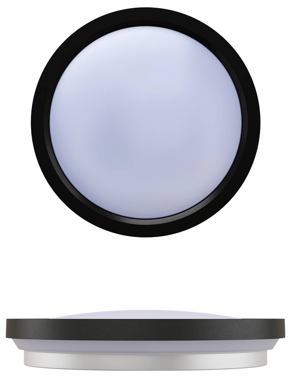 Runde LED-Deckenleuchte mit schwarzem Rahmen und weichem weißem Leuchten, von vorne und der Seite gezeigt.