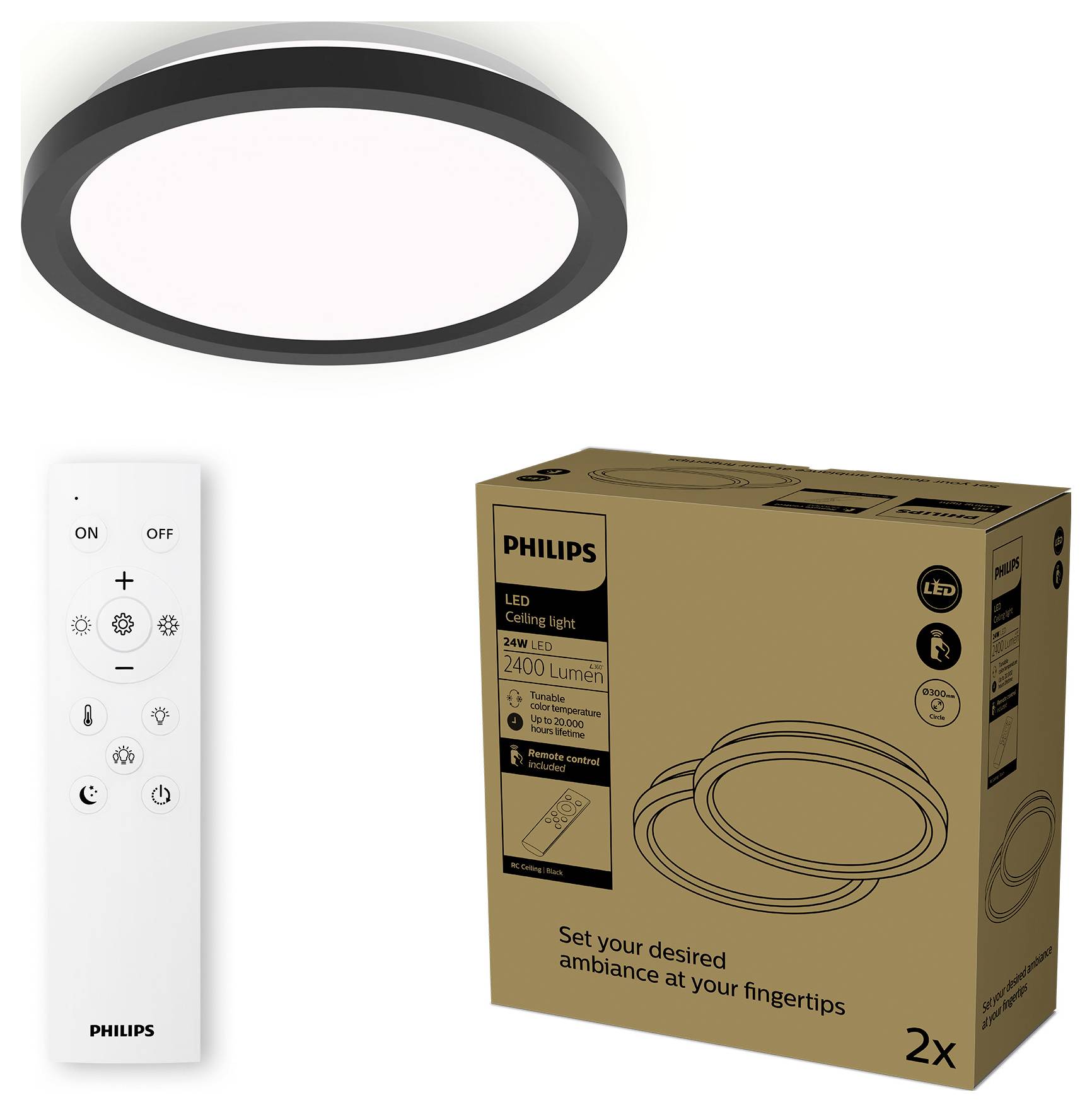 Runde LED-Deckenleuchte mit 2400 Lumen und Fernbedienung. Die Verpackung hebt die einstellbaren Ambience-Funktionen hervor.