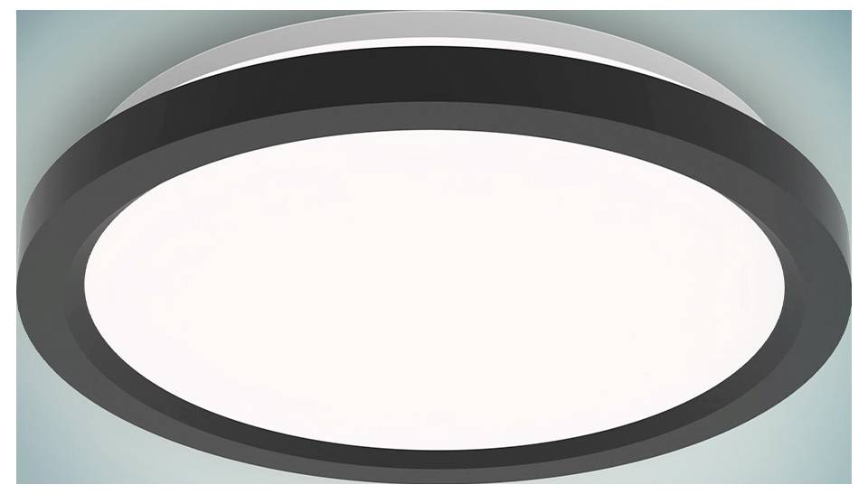 Eine moderne, runde LED-Deckenleuchte mit schwarzem Rand, die ein helles weißes Licht ausstrahlt und an einem blassen blauen Deckengrund montiert ist.