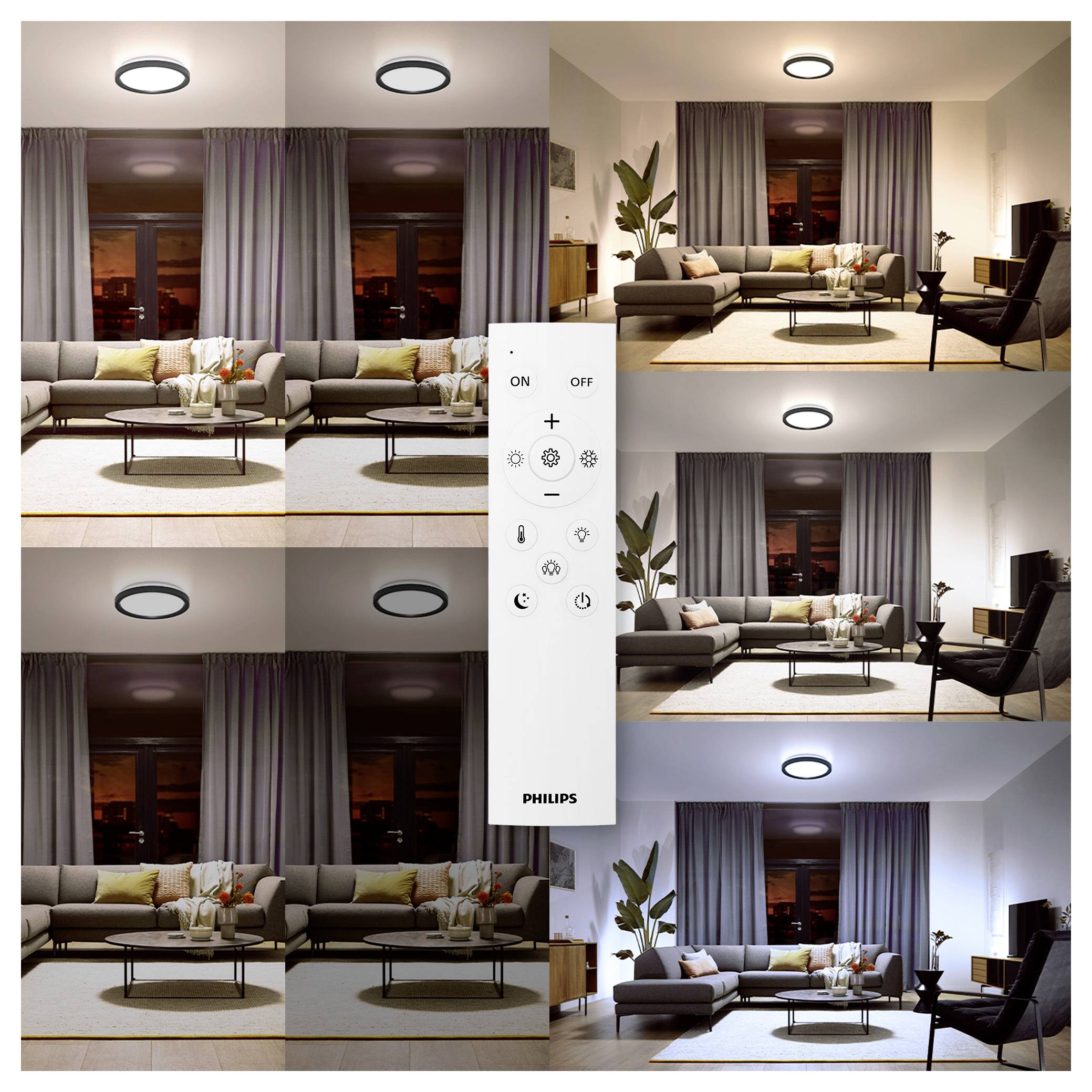 Smarte Beleuchtung bietet eine Steuerung für verschiedene Raumbeleuchtungsszenen und veranschaulicht vielseitige Ambiente-Lichteinstellungen in einem modernen Wohnzimmer.