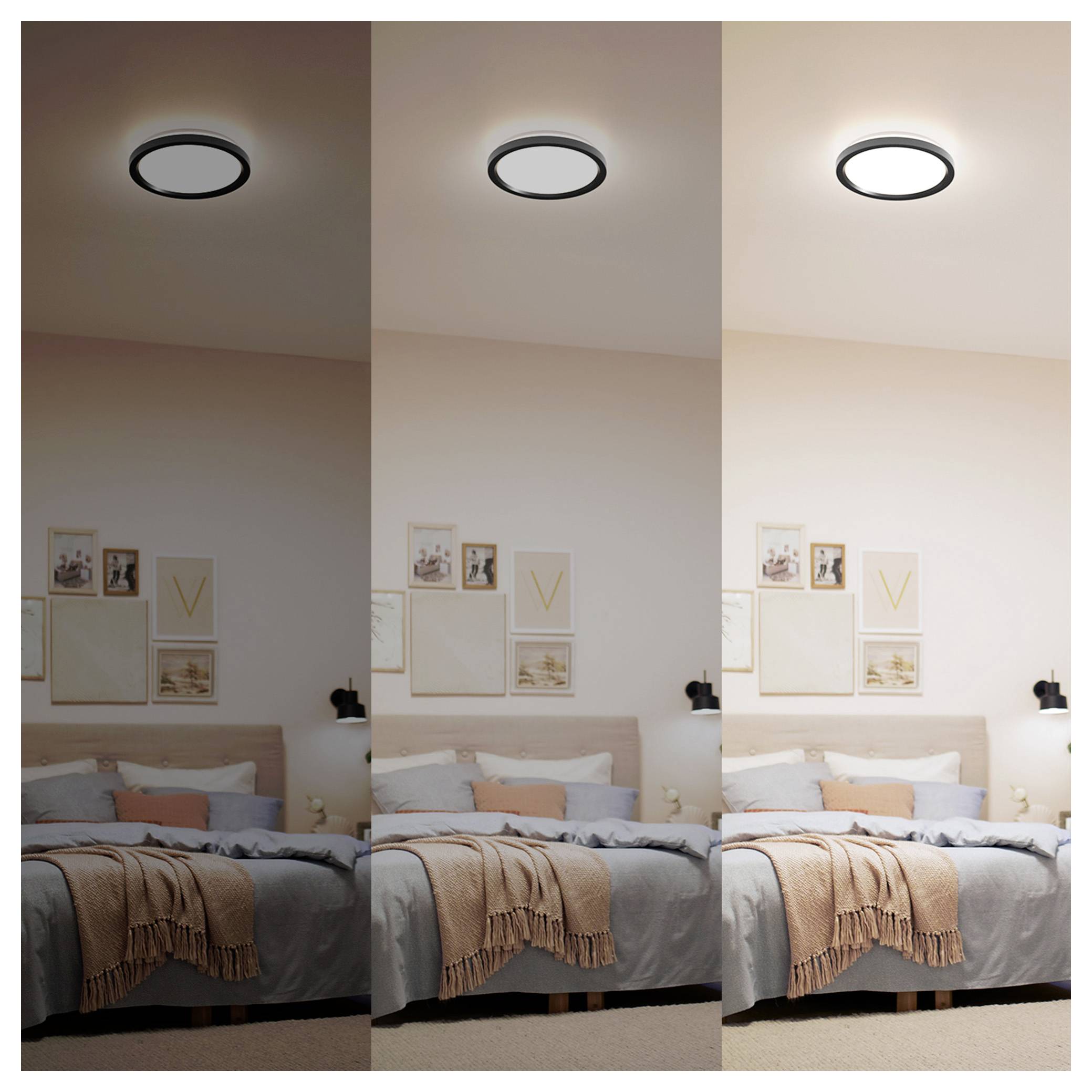 Ein Schlafzimmer beleuchtet mit drei Beleuchtungsmodi: kühl, neutral und warm von einer Deckenleuchte über einem Bett mit gerahmter Kunst darüber und Kissen darunter.