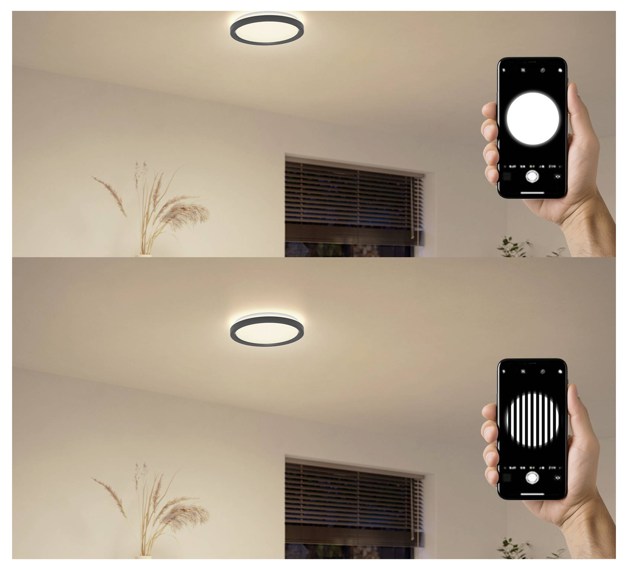 Eine Person hält ein Smartphone, mit dem sie die Helligkeit und das Muster einer Deckenbeleuchtung steuert, dargestellt in zwei Einstellungen: durchgängiges und gestreiftes Licht.