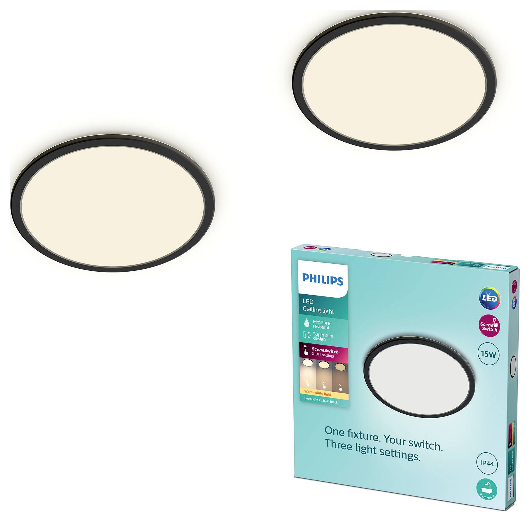 Zwei runde LED-Deckenleuchten mit neutralem Farbton und einer Philips-Verpackungsbox, die drei Lichteinstellungen und einen Energieverbrauch von 15W zeigt.