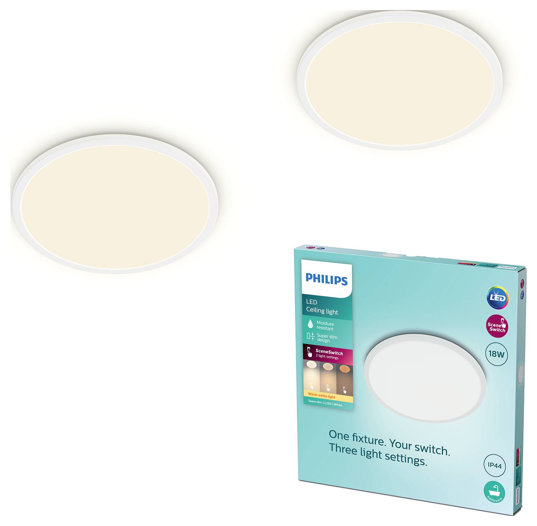Philips Multipack 2x Superslim 3-in-1 LED Leuchte SceneSwitch CL550 18W IP44 1500lm 2700K, Dimmen ohne Dimmer, weiß