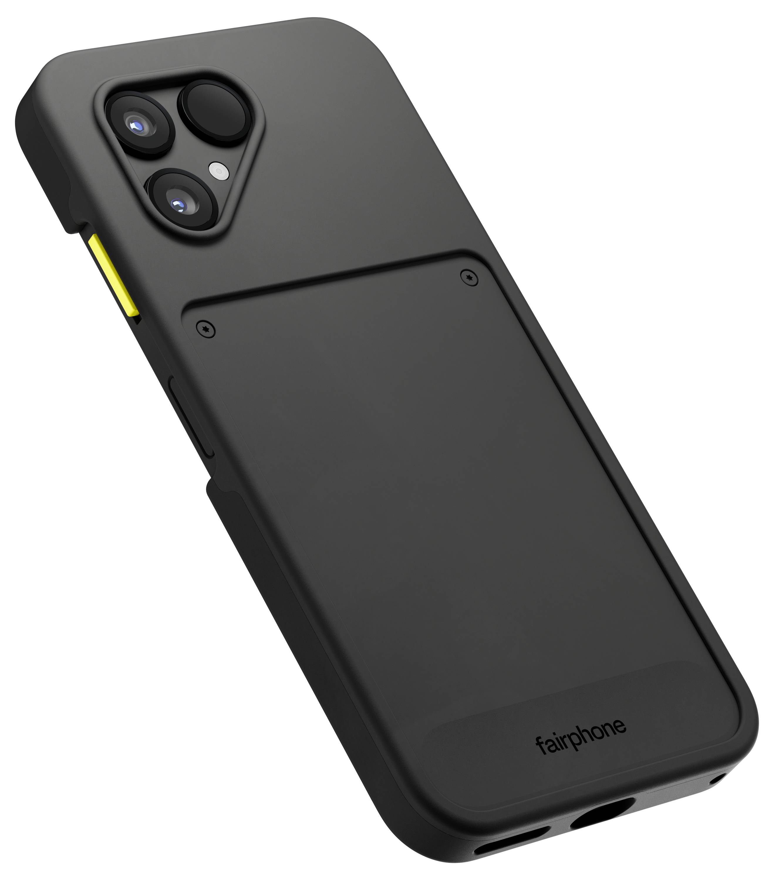 Ein schwarzes Smartphone mit modularer Bauweise, ausgestattet mit dualer Rückkamera und abnehmbarer Rückseite, das Reparierbarkeit und Nachhaltigkeit fördert.