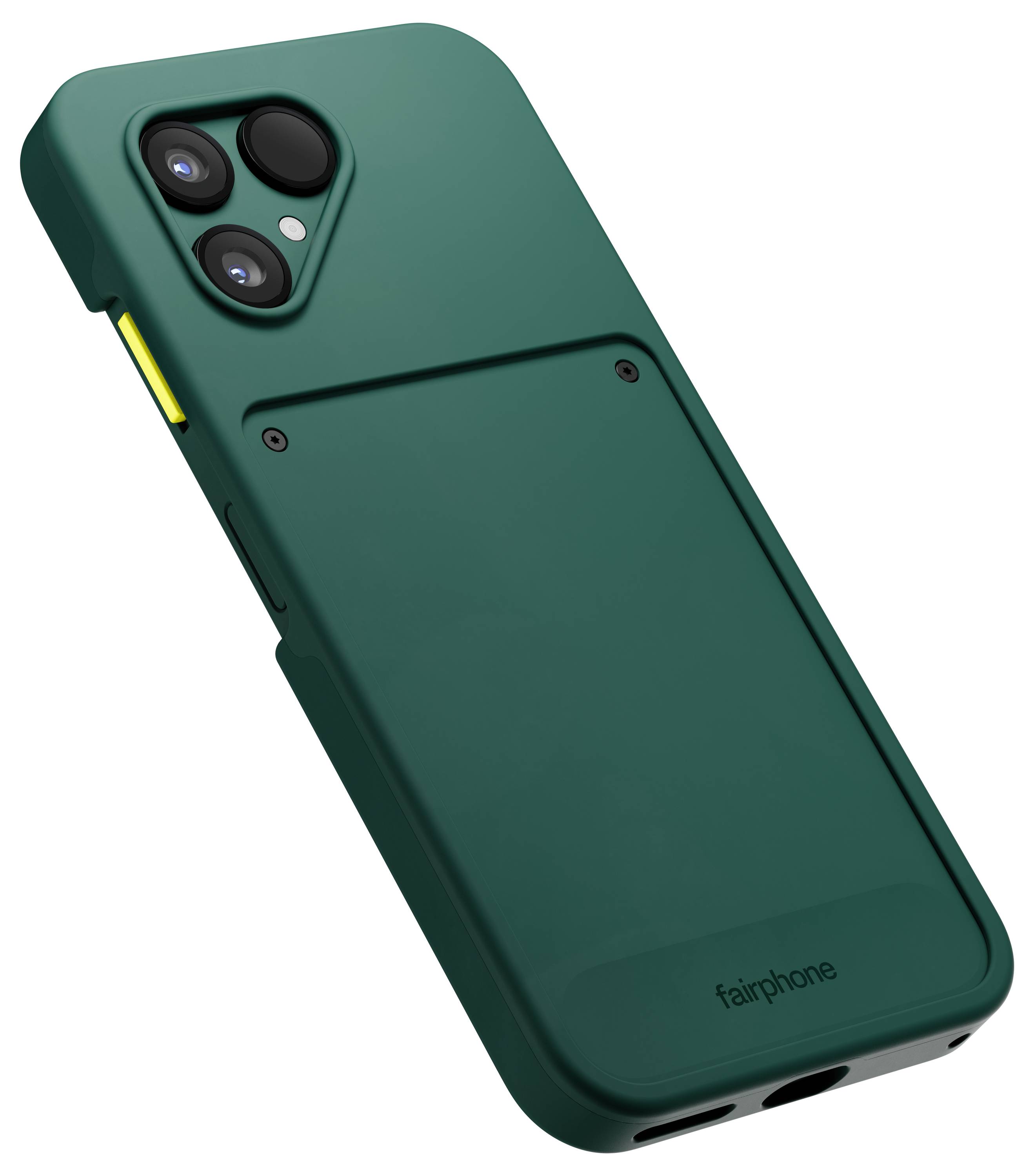 Ein grünes Smartphone mit dualen Rückkameras und modularem Design von Fairphone. Das Telefon verfügt über einen gelben Knopf an der Seite.