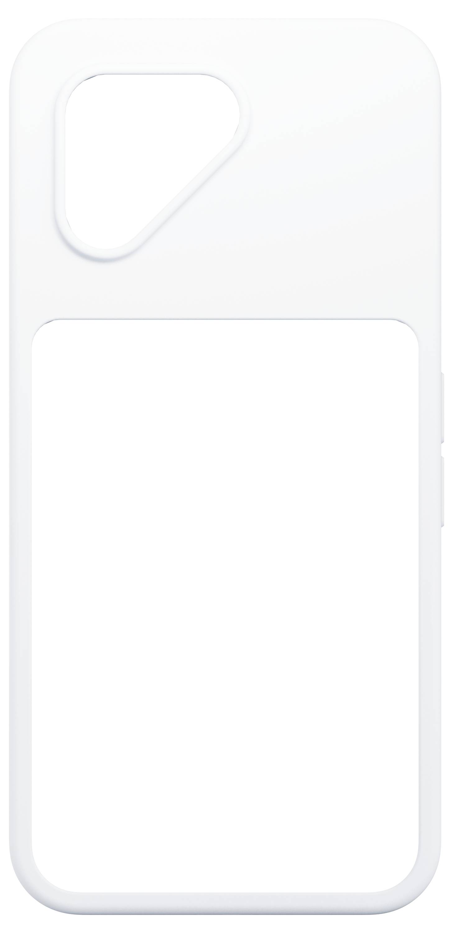 Eine weiße, minimalistische Handyhülle mit einem quadratischen Ausschnitt auf der unteren Hälfte und einem unregelmäßigen Ausschnitt für den Kamerabereich oben.