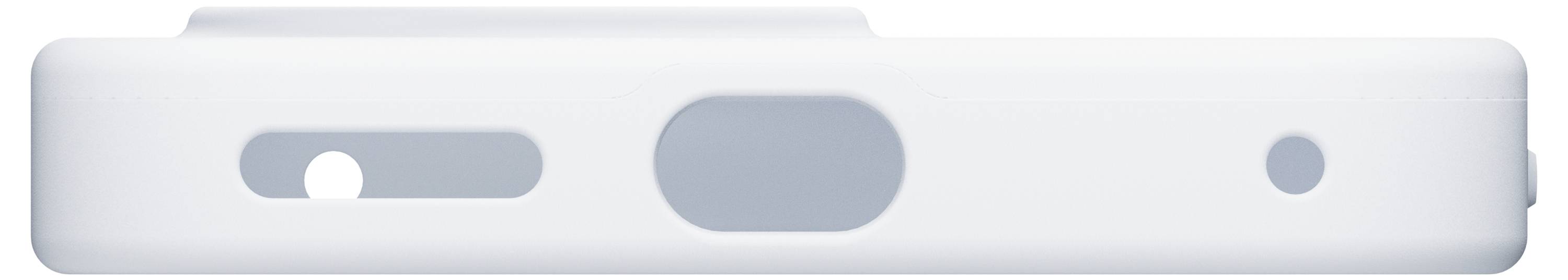 Draufsicht eines weißen, dünnen elektronischen Geräts, möglicherweise eines Etuis, das verschiedene Schlitze und einen Knopf zeigt.