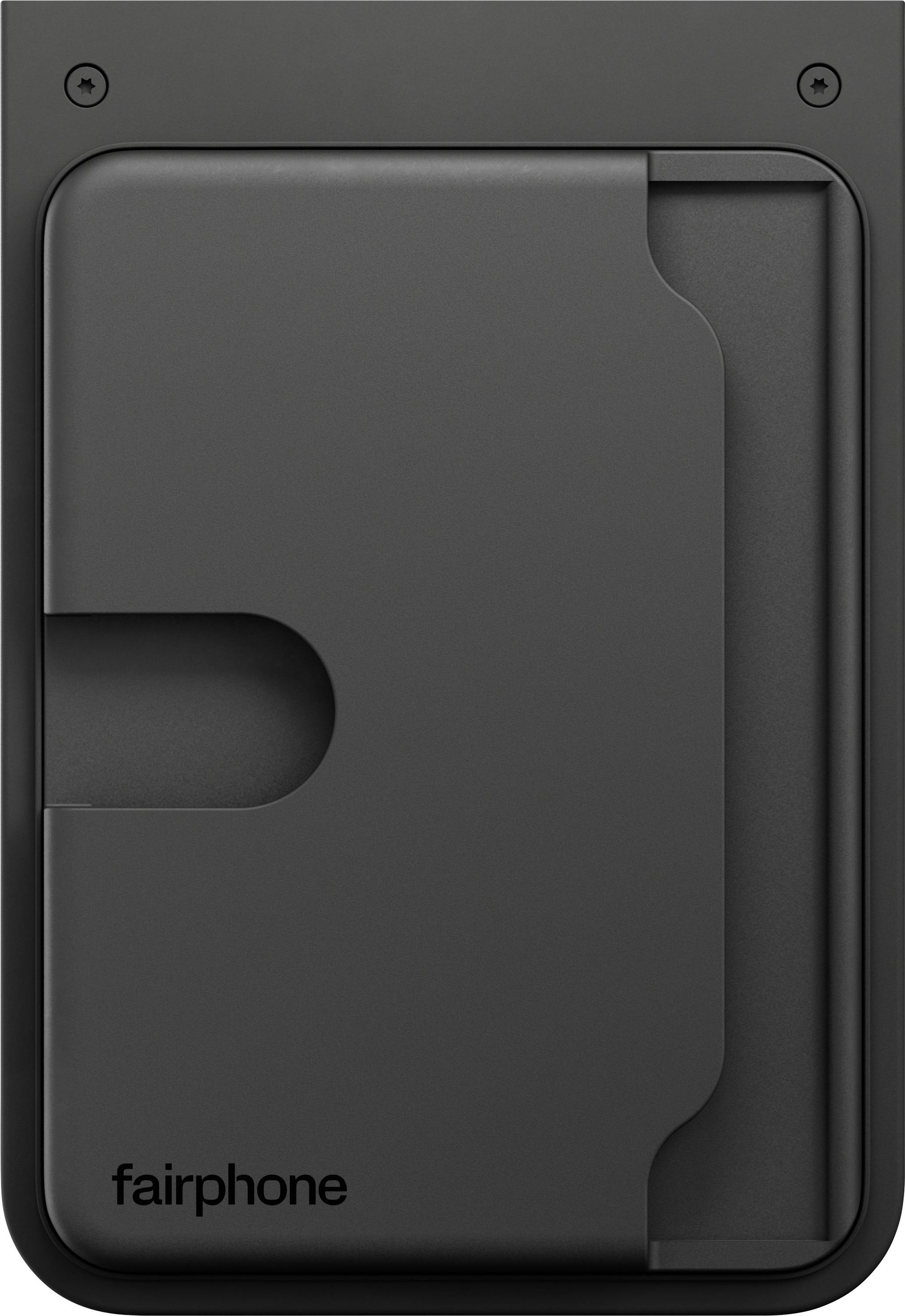 Eine schwarze Fairphone-Rückseite, die ein schlichtes Design mit einem Bereich für einfache Entfernung und dem 'Fairphone'-Logo am unteren Rand aufweist.