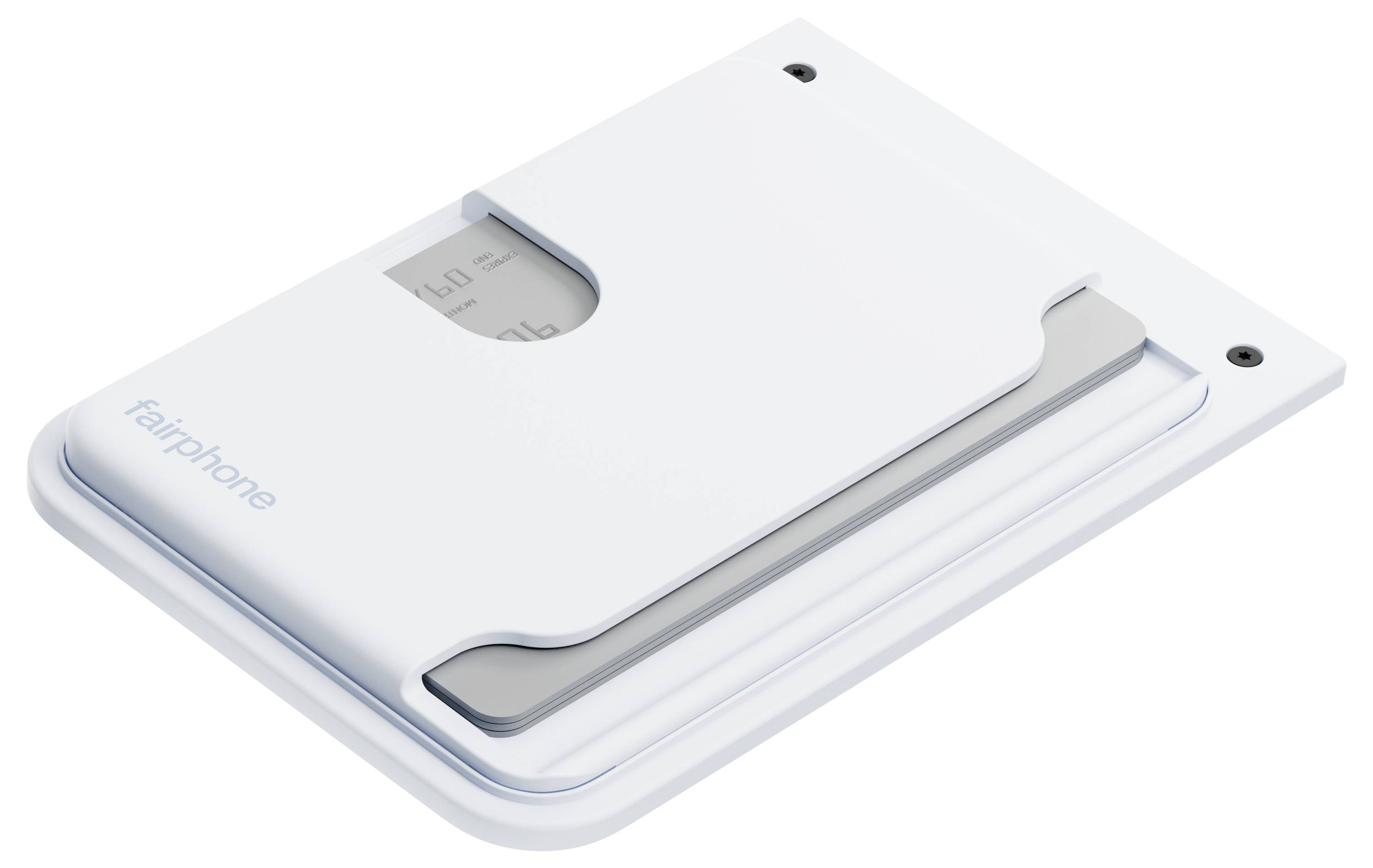 Weißes Fairphone-Schutzgehäuse, designed mit einer schlanken Abdeckung, die einen Teil eines internen Moduls zeigt und wahrscheinlich dessen Modularitätsmerkmal hervorhebt.