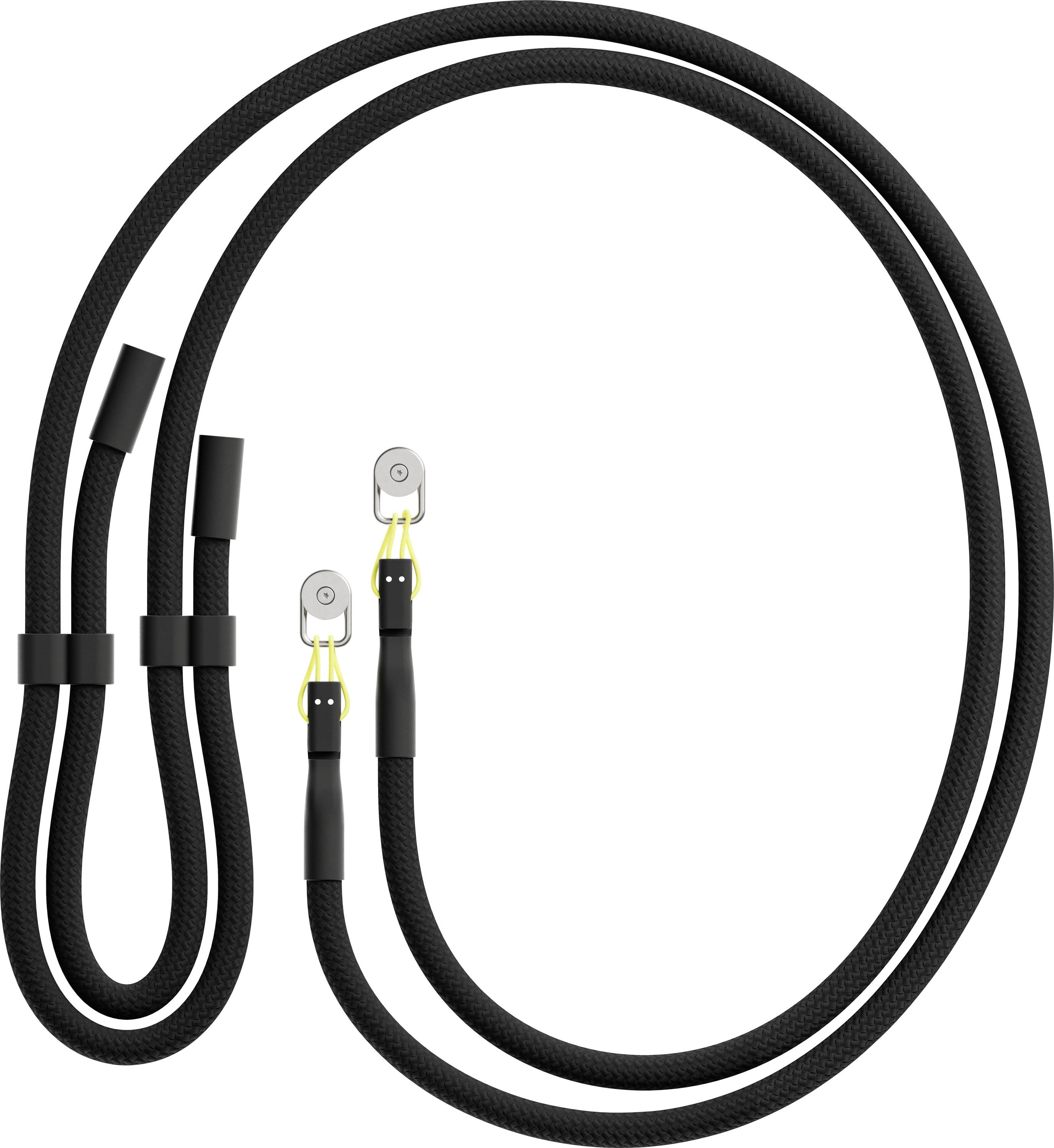 Zwei schwarze Koaxialkabel mit Anschlüssen an einem Ende, die für elektrische oder Signalübertragung verwendet werden.