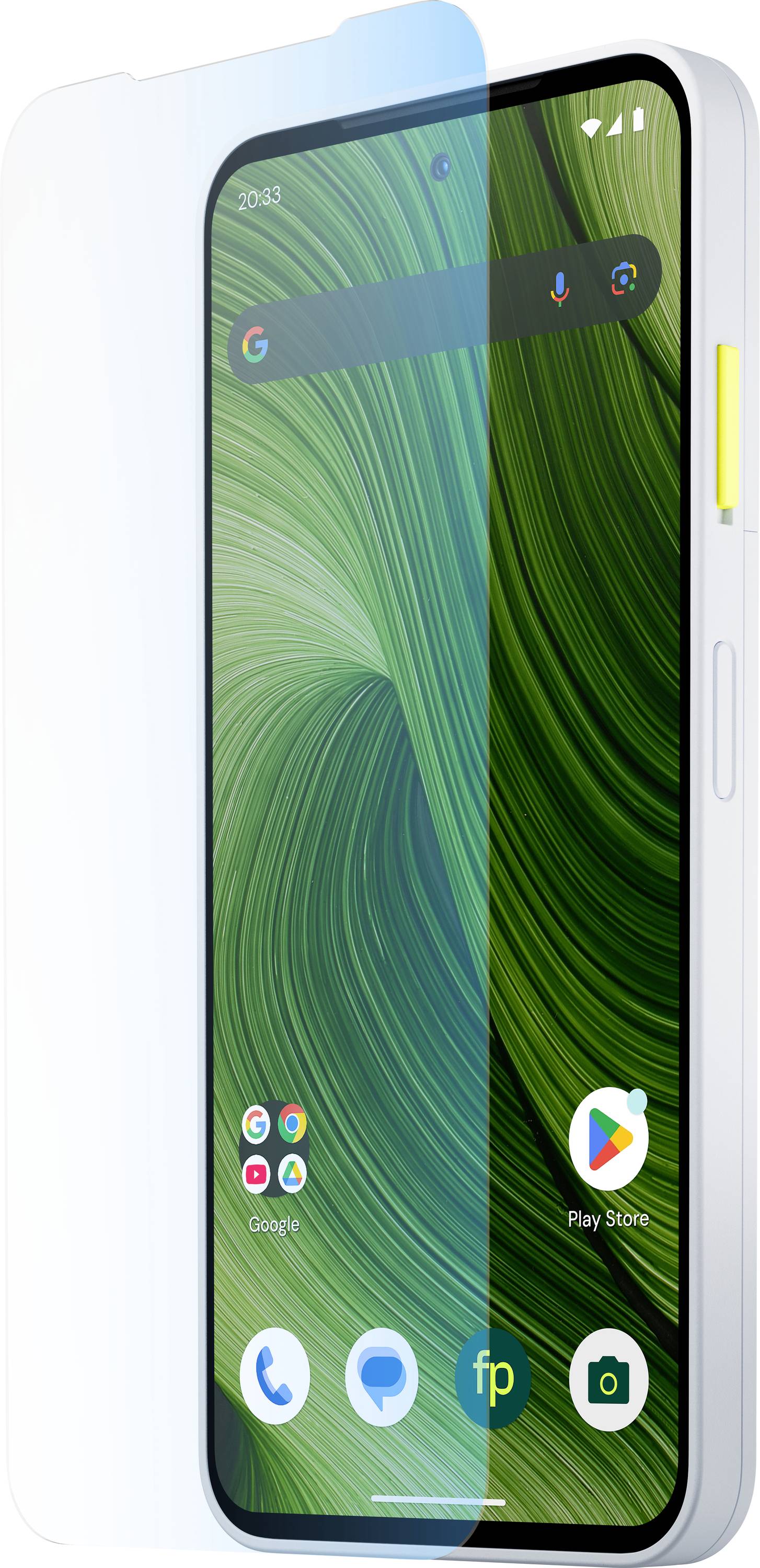 Ein Smartphone mit einem grünen, wirbelnden Muster-Hintergrund auf dem Bildschirm, auf dem mehrere App-Symbole zu sehen sind. Ein Displayschutz ist teilweise aufgeklebt.