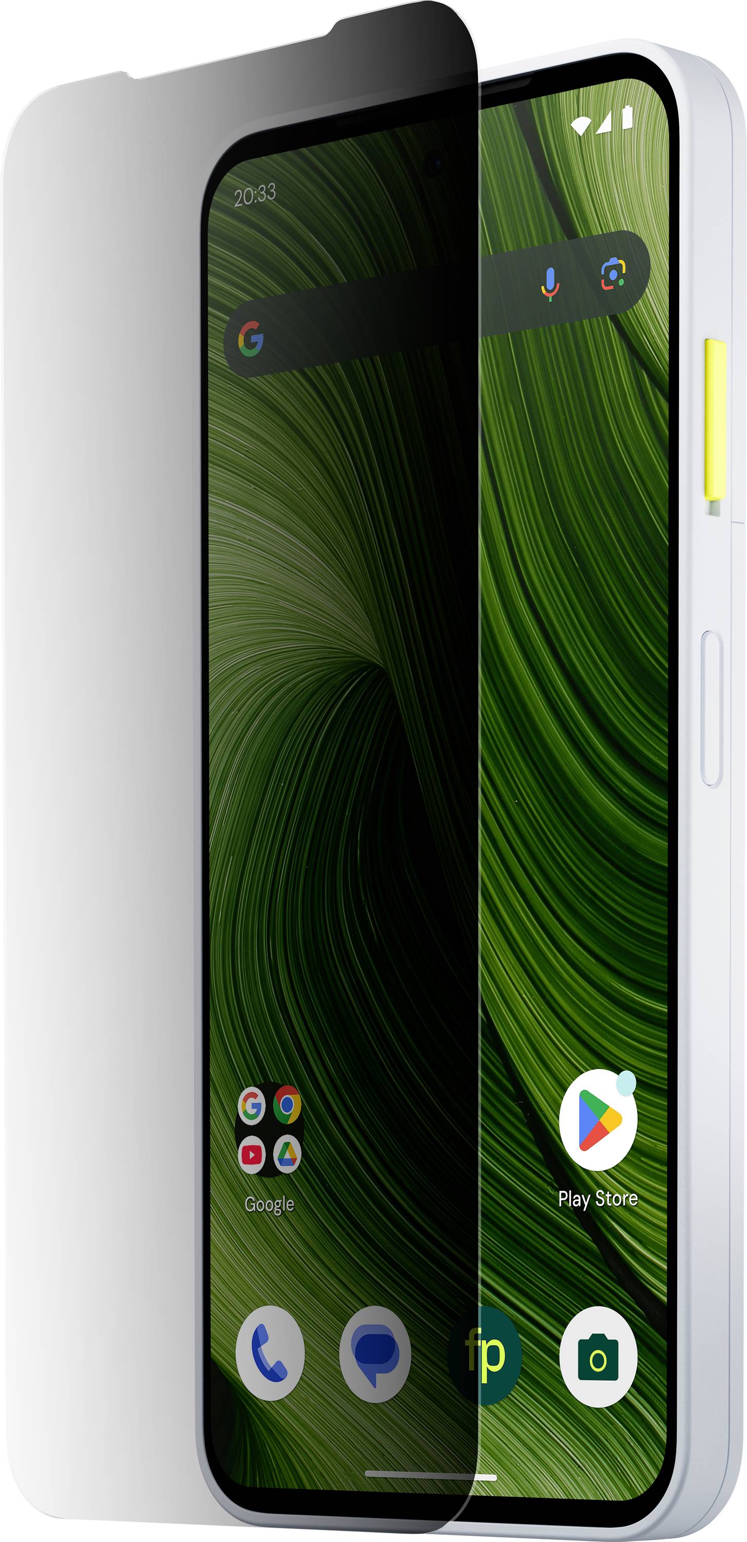 Ein Smartphone mit einem Sichtschutzfilm, der einen grünen Wirbelwallpaper zeigt. Apps sind sichtbar mit teilweiser Bildschirmverdunkelung.