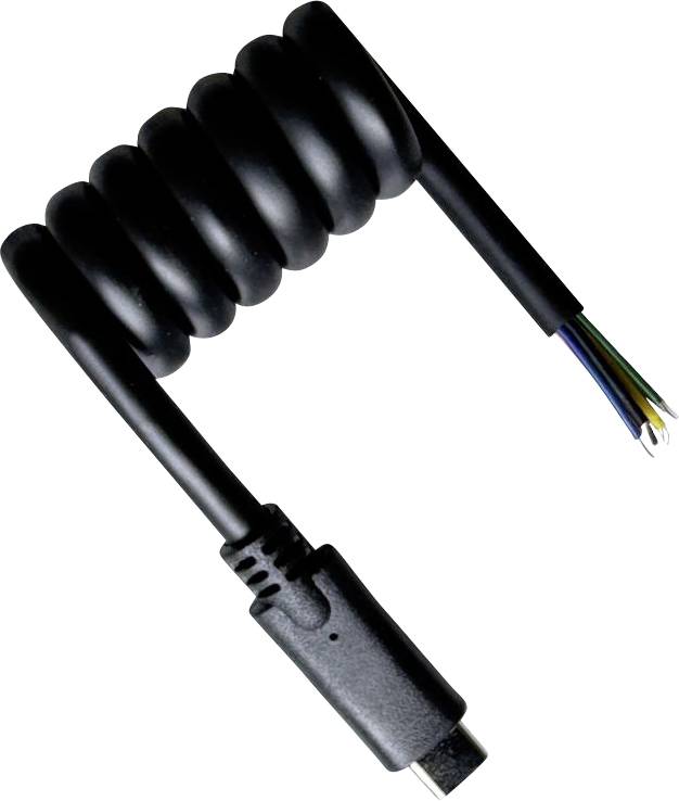 Ein spiralförmiges schwarzes Kabel mit einem USB-C-Stecker an einem Ende und freigelegten Drähten am anderen Ende.