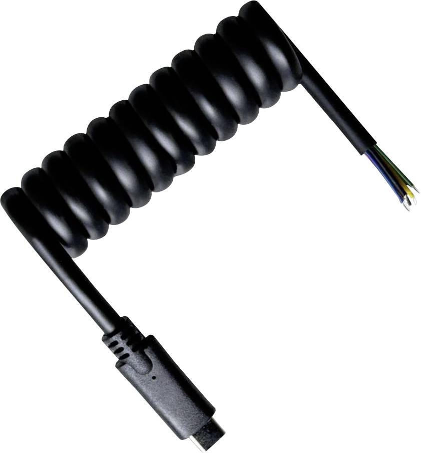 Ein aufgewickeltes schwarzes Kabel mit einem Anschluss an einem Ende und freiliegenden Drähten am anderen Ende, die grüne, blaue, gelbe und rote Leitungen zeigen.