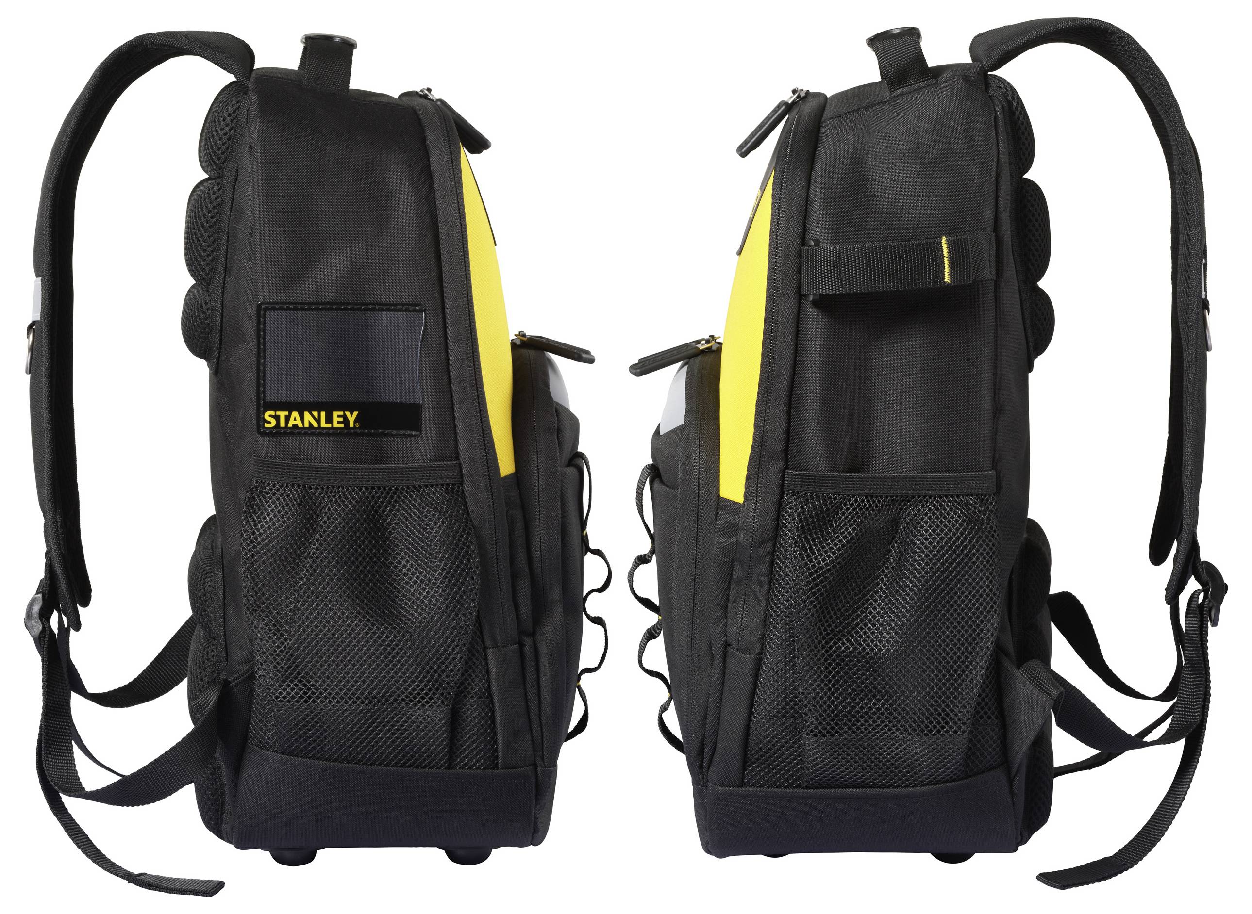 Zwei schwarze und gelbe Rucksäcke der Marke 'Stanley' mit seitlicher Markenbezeichnung, ausgestattet mit mehreren Fächern und verstellbaren Trägern.