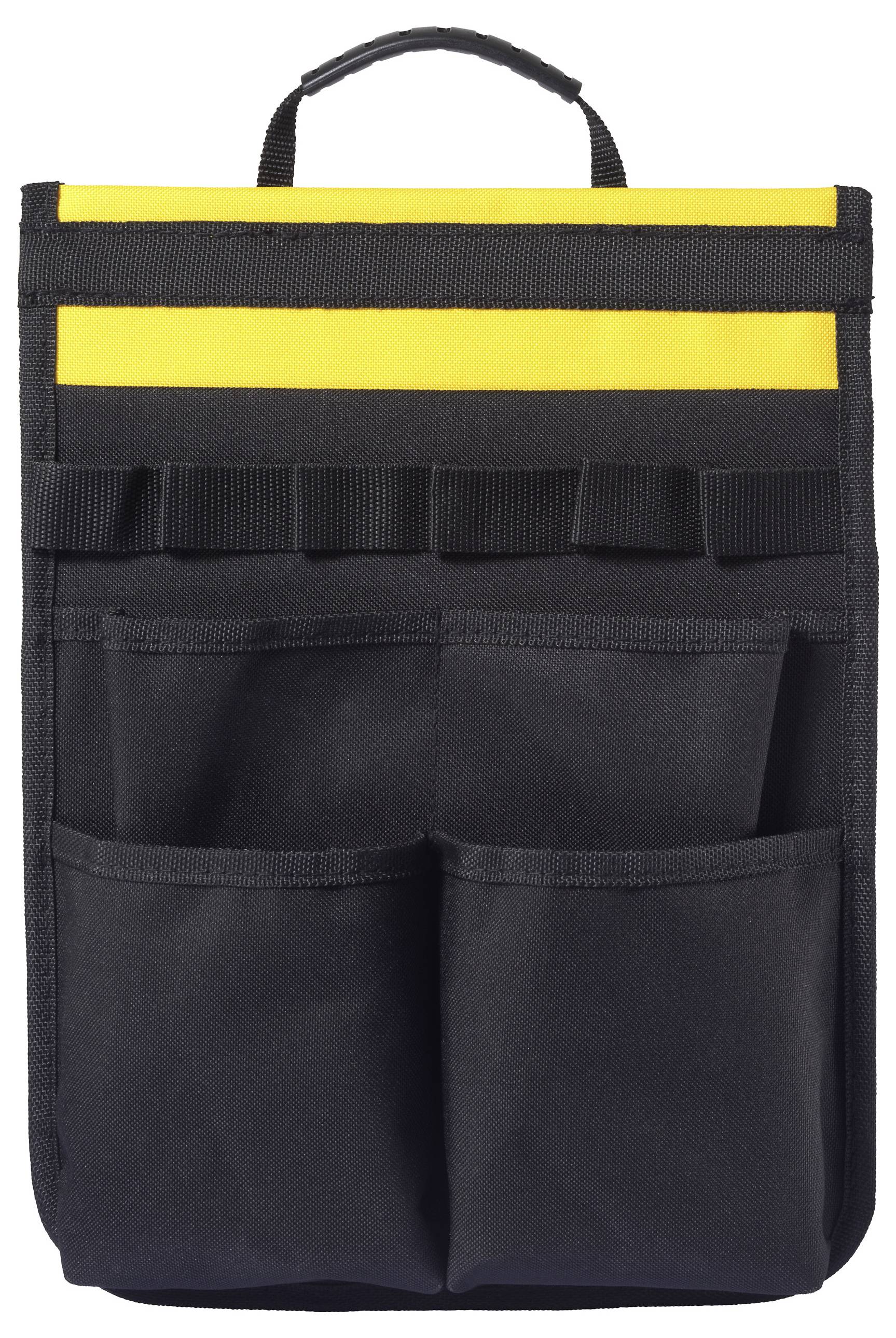 Eine schwarze Werkzeugtasche mit mehreren Taschen und einem gelben Band am oberen Rand, entwickelt zum Organisieren und Transportieren verschiedener Werkzeuge.