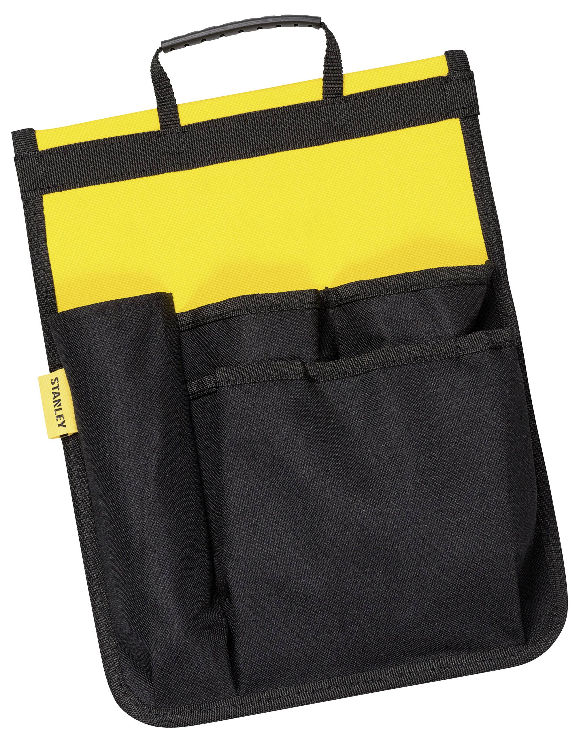 Schwarze und gelbe Werkzeugtasche mit Griff und mehreren Taschen, geeignet zum Organisieren von kleinen Werkzeugen oder Zubehör.