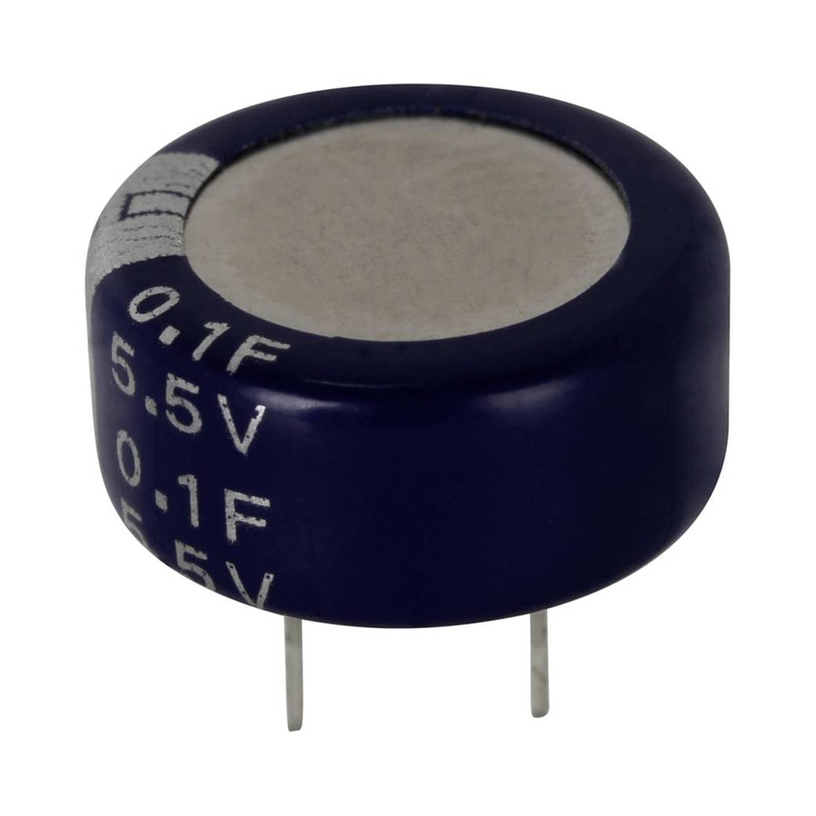 Ein zylindrischer Superkondensator mit Markierungen '0,1F' und '5,5V', die seine Kapazität und Spannungsbewertung angeben, mit zwei Metallanschlüssen.