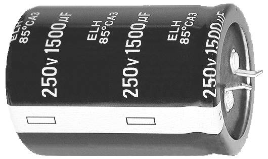 Ein zylindrischer 250V 1500μF Elektrolytkondensator, gekennzeichnet mit ELH 85°C, mit zwei Metallanschlüssen, typischerweise in elektronischen Schaltkreisen verwendet.