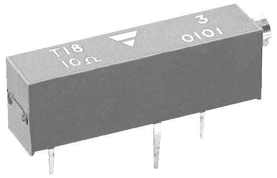 Eine rechteckige elektronische Komponente mit vier Anschlüssen, beschriftet mit 'T18', '10Ω', '3' und '0101', möglicherweise ein Widerstand oder ein ähnliches Bauelement.