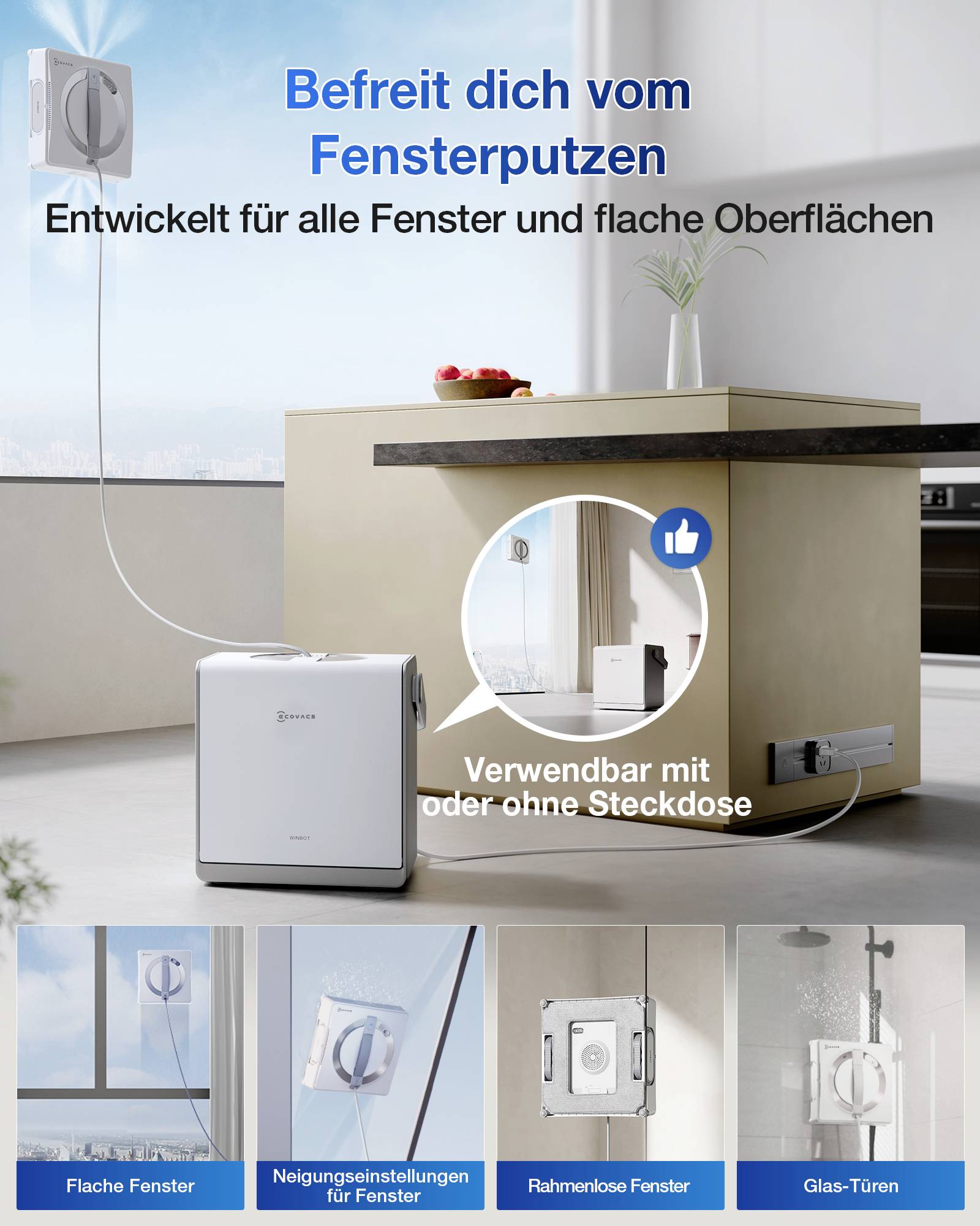 Das Bild bewirbt ein Fensterreinigungsgerät. Der Text auf Deutsch lautet: ‚Befreien Sie sich vom Fensterputzen. Entwickelt für alle Fenster und ebenen Oberflächen. Nutzbar mit oder ohne Steckdose.' Verschiedene kompatible Fenstertypen werden abgebildet.