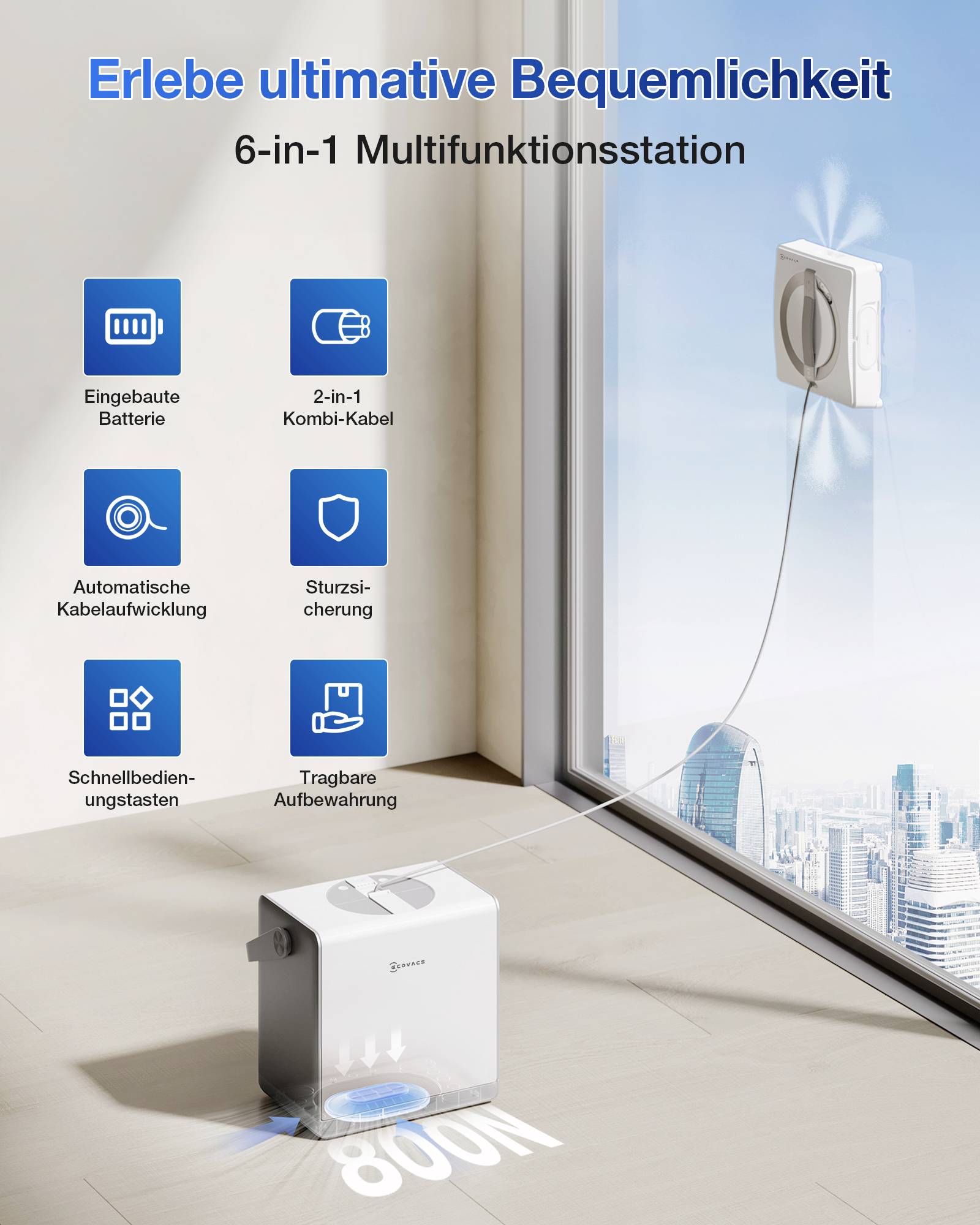 '6-in-1 Multifunktionsstation' mit Funktionen: integrierter Akku, 2-in-1 Kombikabel, automatische Kabelaufwicklung, Fallschutz, Schnellladung, mobile Aufbewahrung. Gerät nahe dem Fenster.