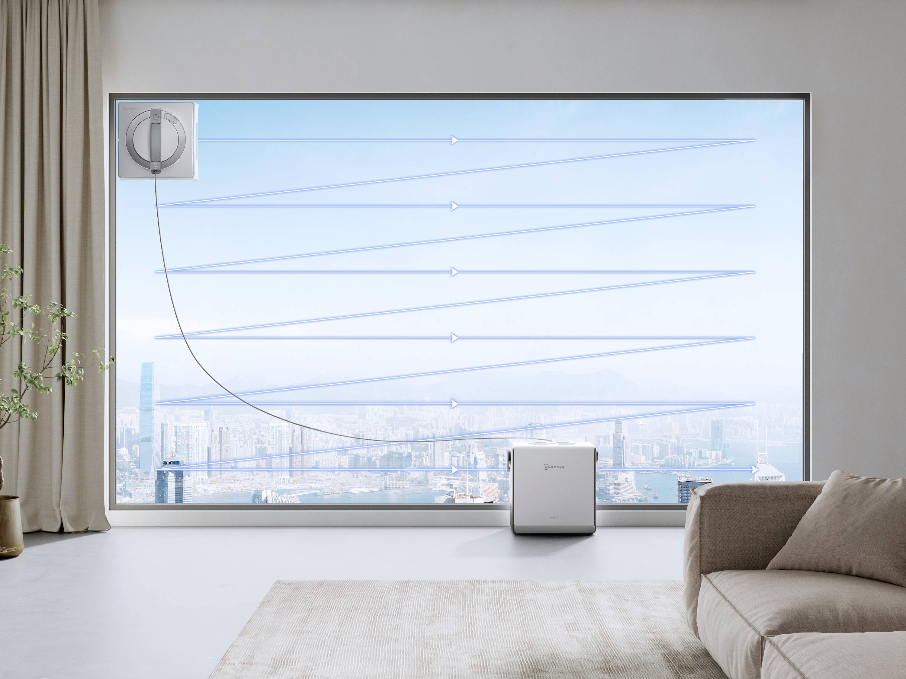 Ein großes Fenster, das eine Panorama-Stadtsilhouette zeigt, mit einem sichtbaren Glasreinigungsgerät und -system, das installiert ist, mit teilweise zugezogenen Vorhängen.