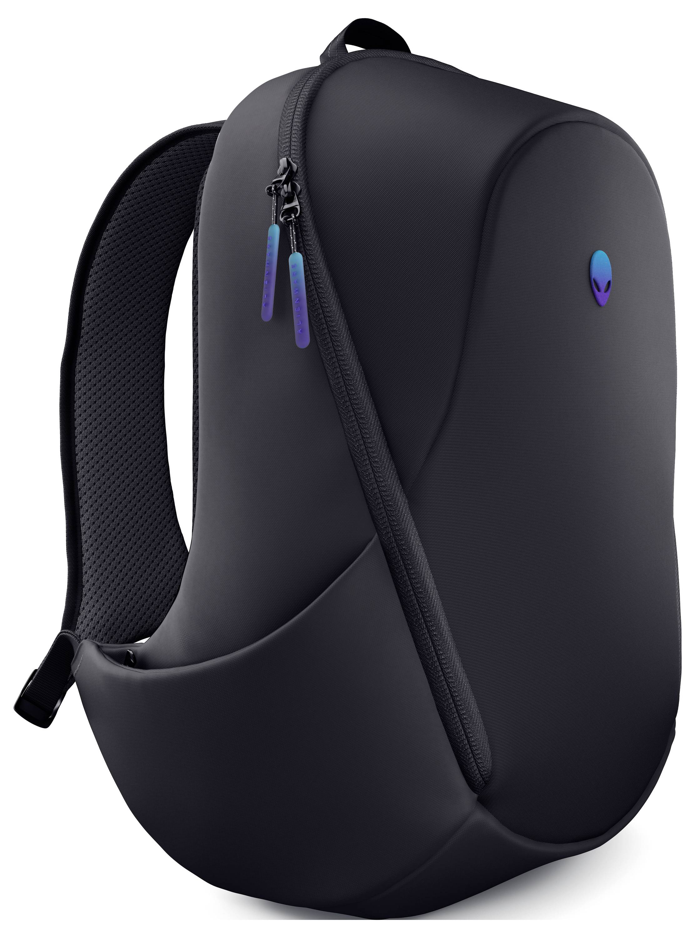 Ein schlanker, schwarzer Rucksack mit minimalistischem Design, der ein kleines Alien-Logo und bunte Reißverschlusspuller vor einer glatten Oberfläche zeigt.