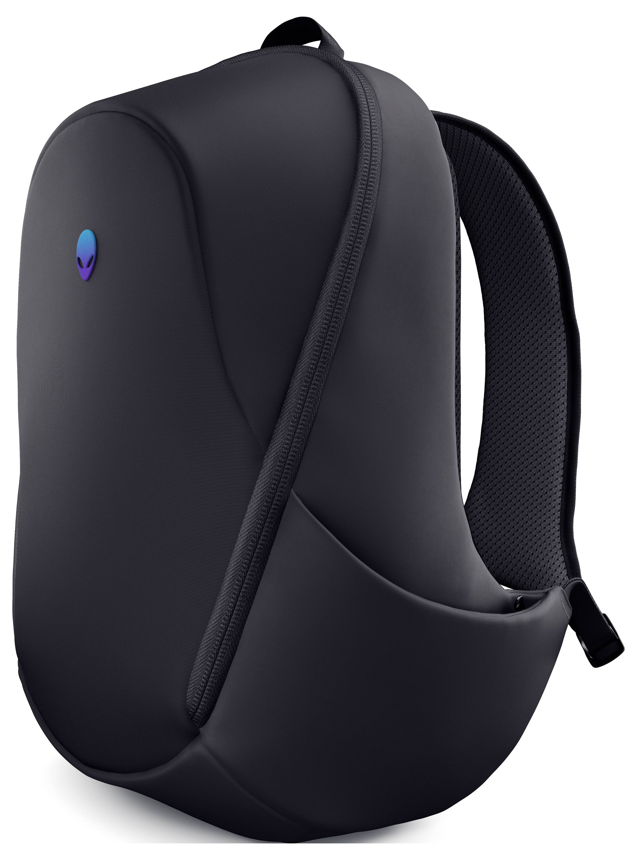 Ein schlanker schwarzer Rucksack mit einem dezenten Alien-Logo auf der Vorderseite, ausgestattet mit gepolsterten Trägern und einem strömungslinienförmigen, modernen Design.