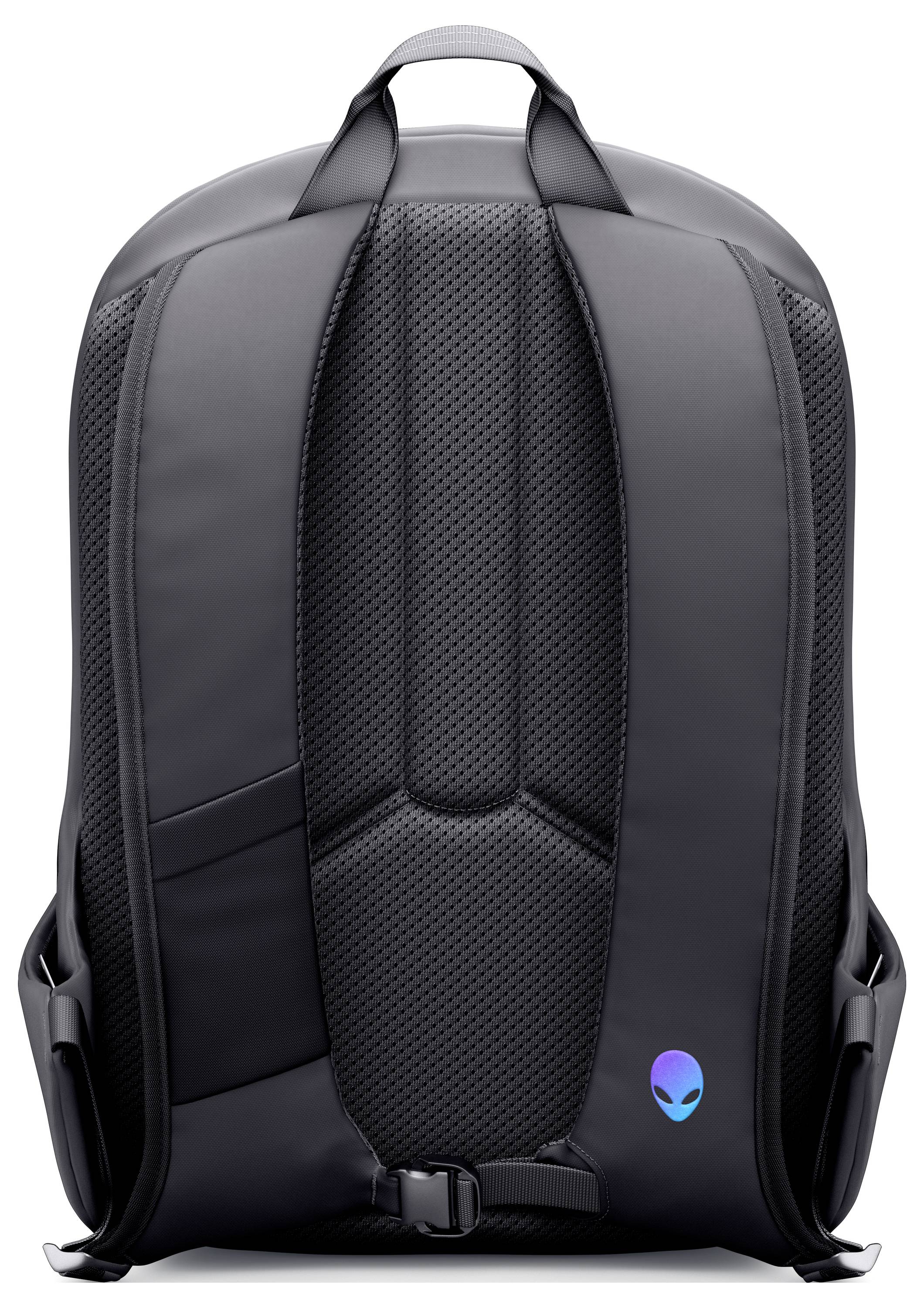 Ein schwarzer Rucksack mit ergonomischen Trägern und einem kleinen Alien-Logo am unteren Ende, designed für Komfort und Stil.