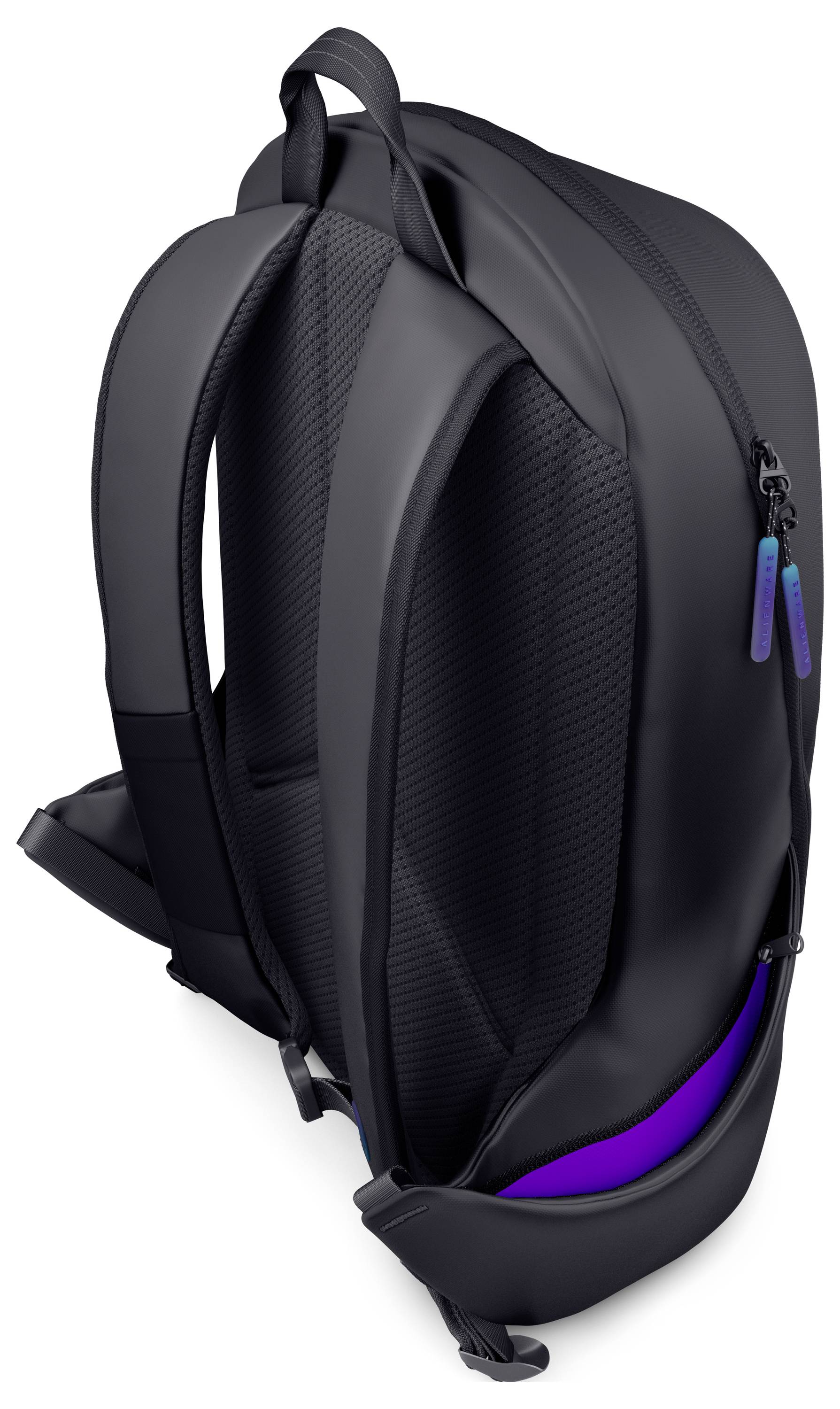 Ein schlanker, schwarzer Rucksack mit gepolsterten Schulterträgern und einer lila Akzentuierung, der mit einem modernen und ergonomischen Design für Komfort und Stil konzipiert wurde.