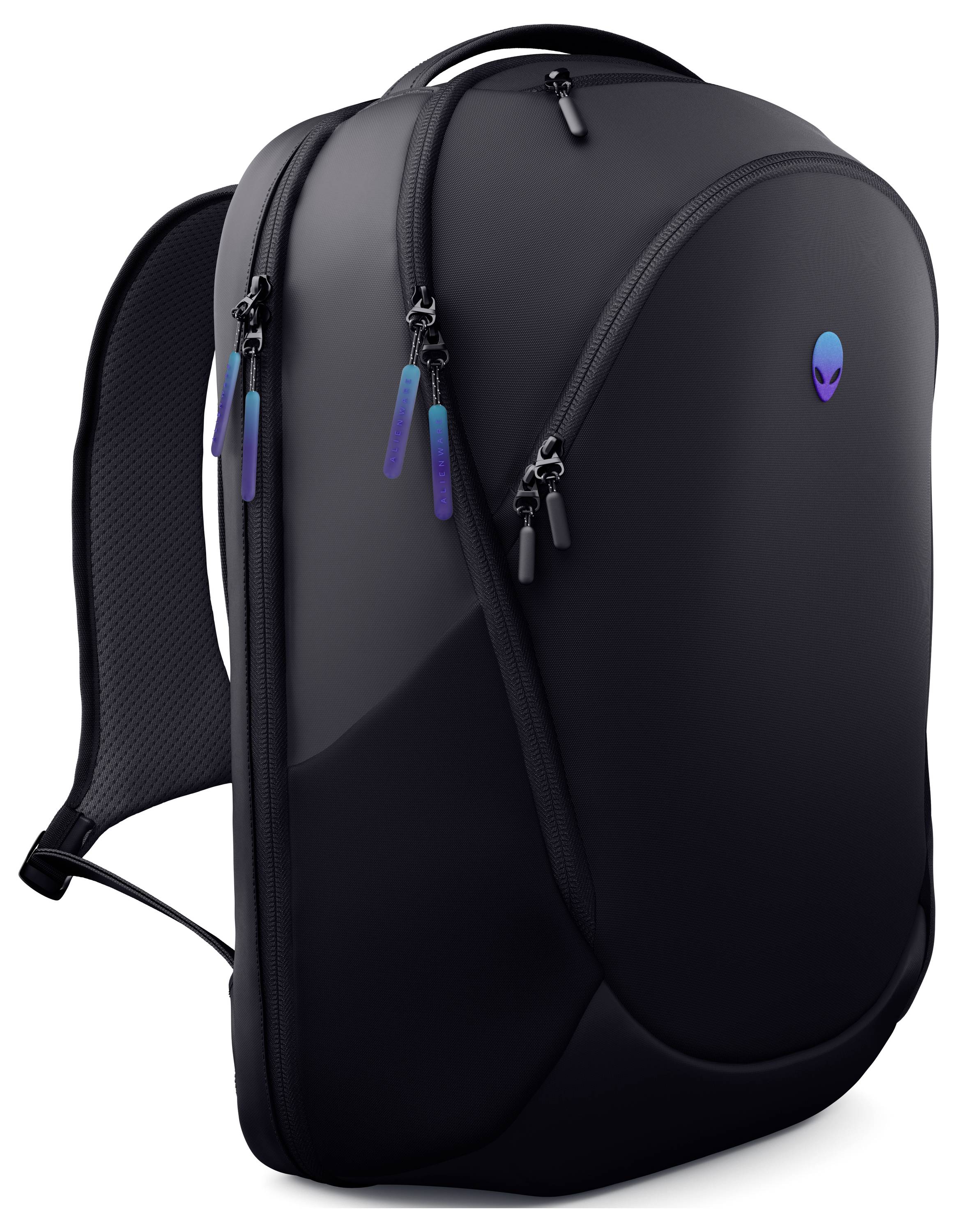 Ein schlanker schwarzer Rucksack mit einer glatten, geschwungenen Form, der oben ein Alien-Logo trägt. Mehrere Reißverschlüsse mit bunten Zugbändern.