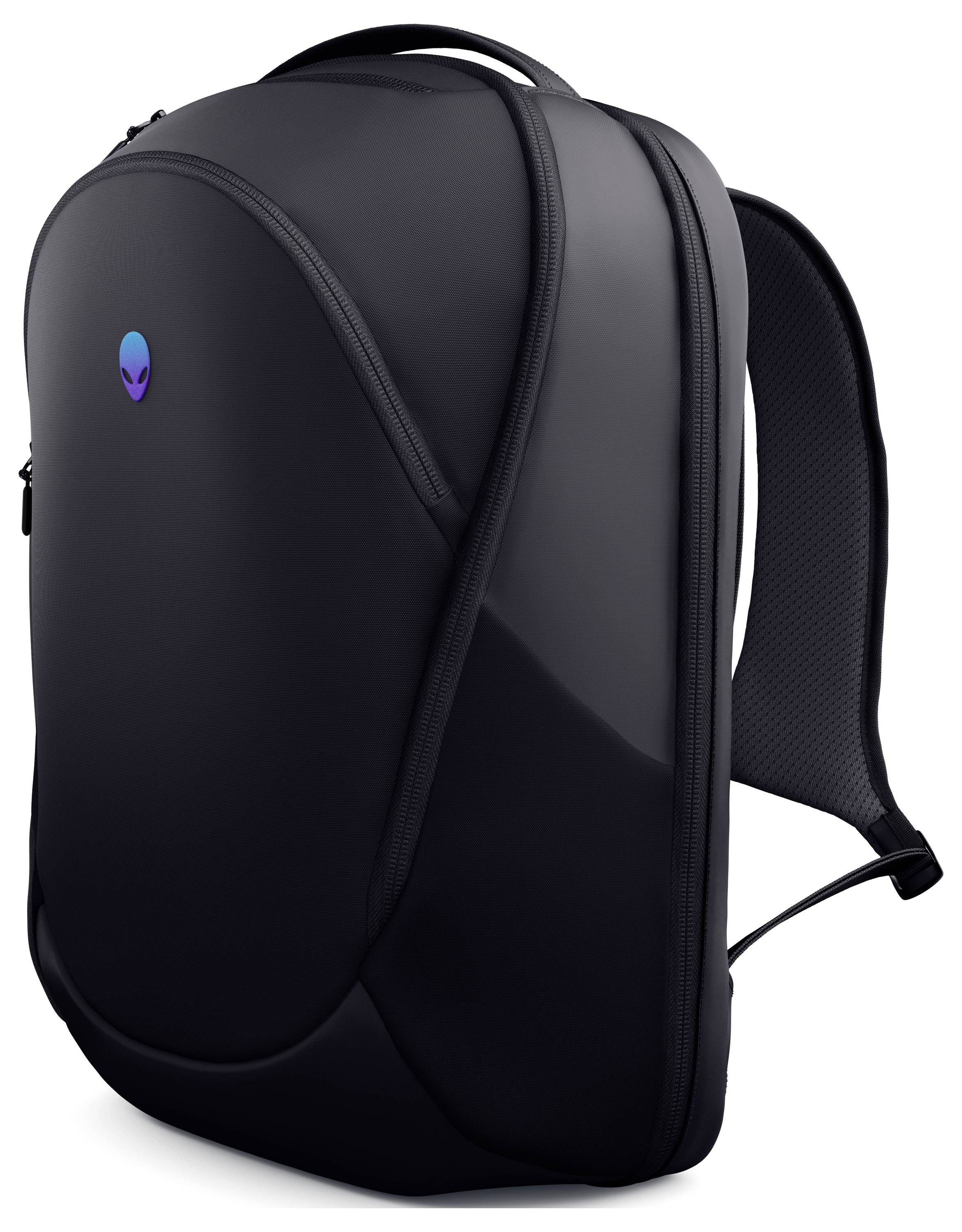 Ein schlanker, schwarzer Alienware-Rucksack mit leuchtendem Alien-Logo, entwickelt zum Tragen von Technologie-Equipment und Laptops.