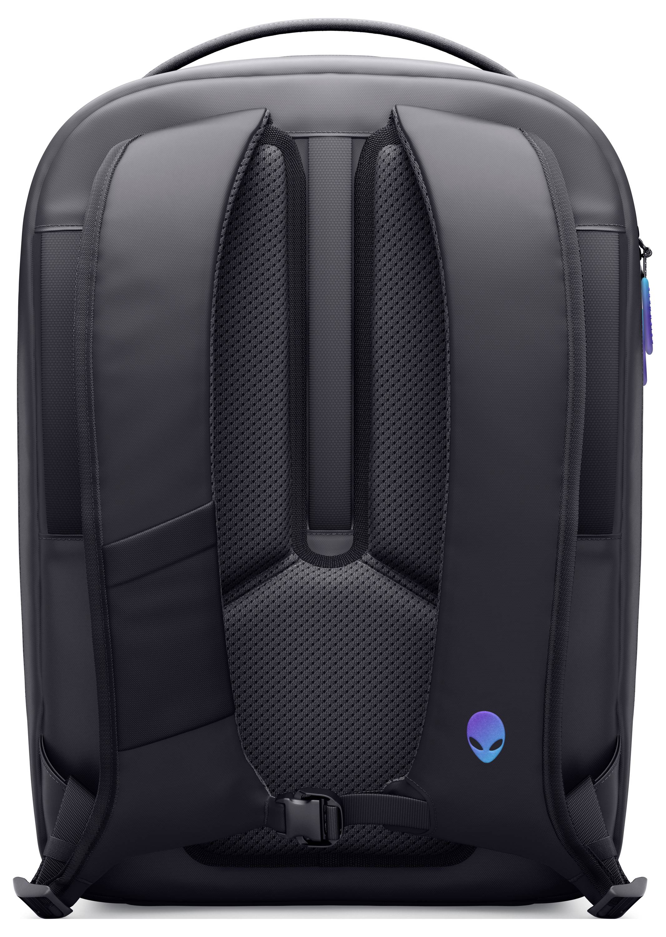 Ein schlanker schwarzer Rucksack mit einem Alien-Logo nahe dem unteren Rand, ausgestattet mit gepolsterten verstellbaren Trägern und einem strukturierten Rückenpanel für Komfort.