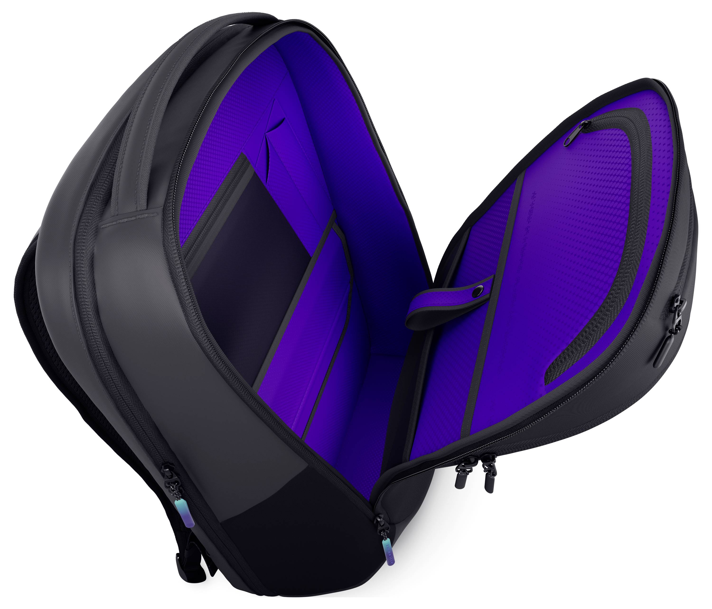Ein schwarzer Rucksack ist geöffnet und zeigt einen lebhaft lila Innenraum mit mehreren Fächern zur Organisierung von Gegenständen.
