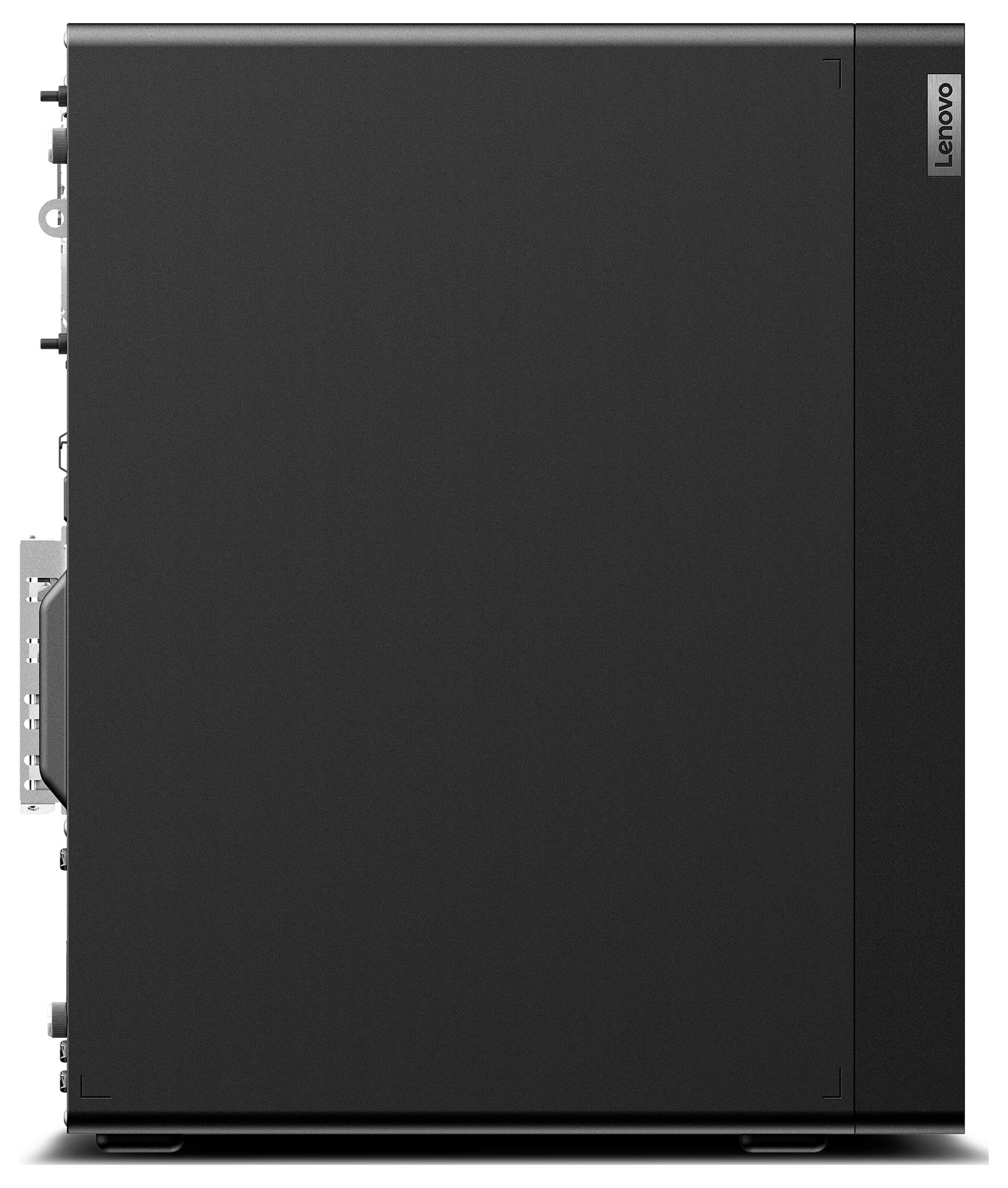 Ein schwarzer Lenovo-Computertower steht aufrecht, mit einem schlanken, minimalistischen Design und sichtbaren Anschlüssen an der Seite.