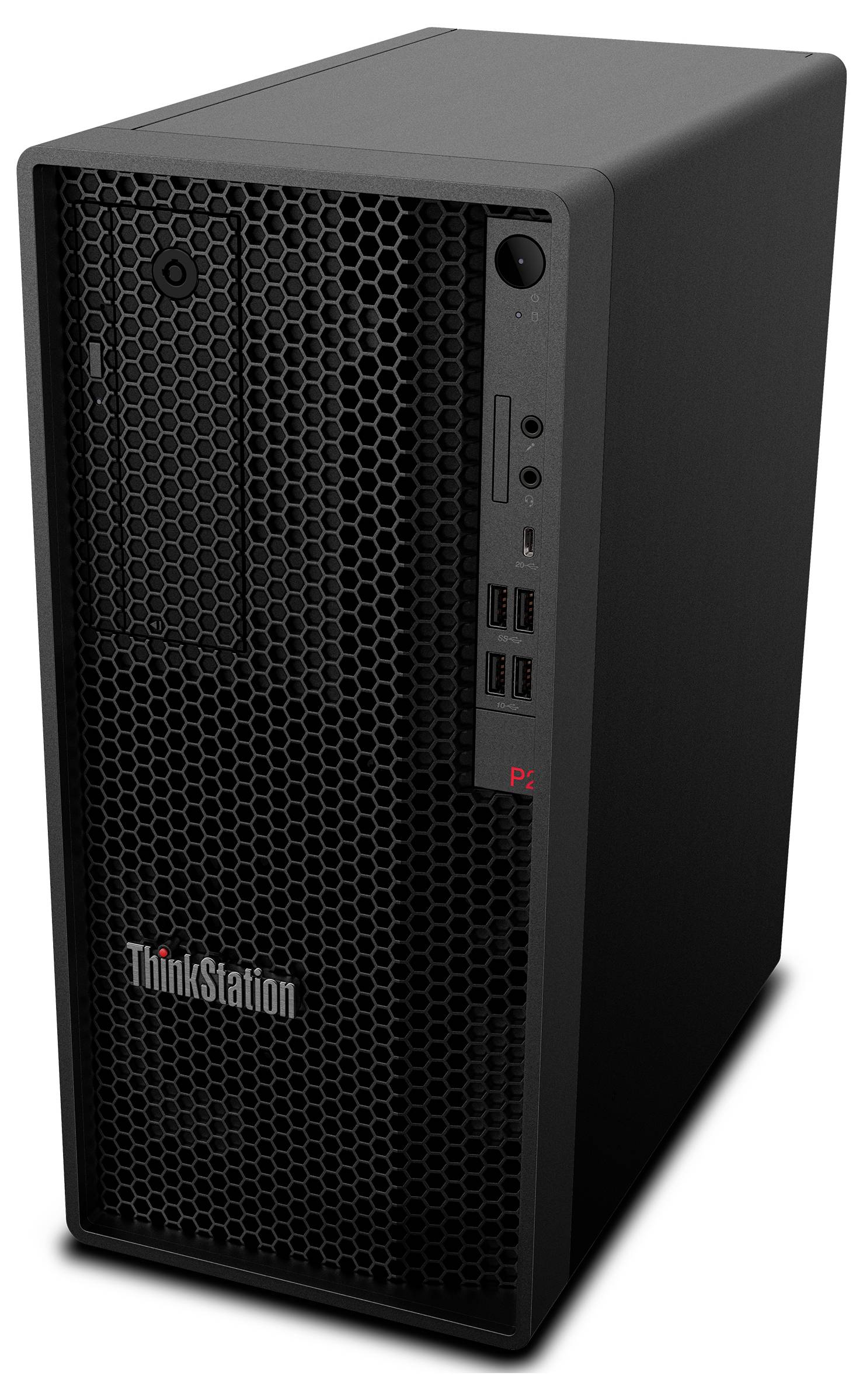 Ein schwarzer Lenovo ThinkStation Tower mit einer Frontblende aus Gitter, Laufwerksschacht, USB-Anschlüssen und Einschaltknopf, entwickelt für professionelle Rechenaufgaben.