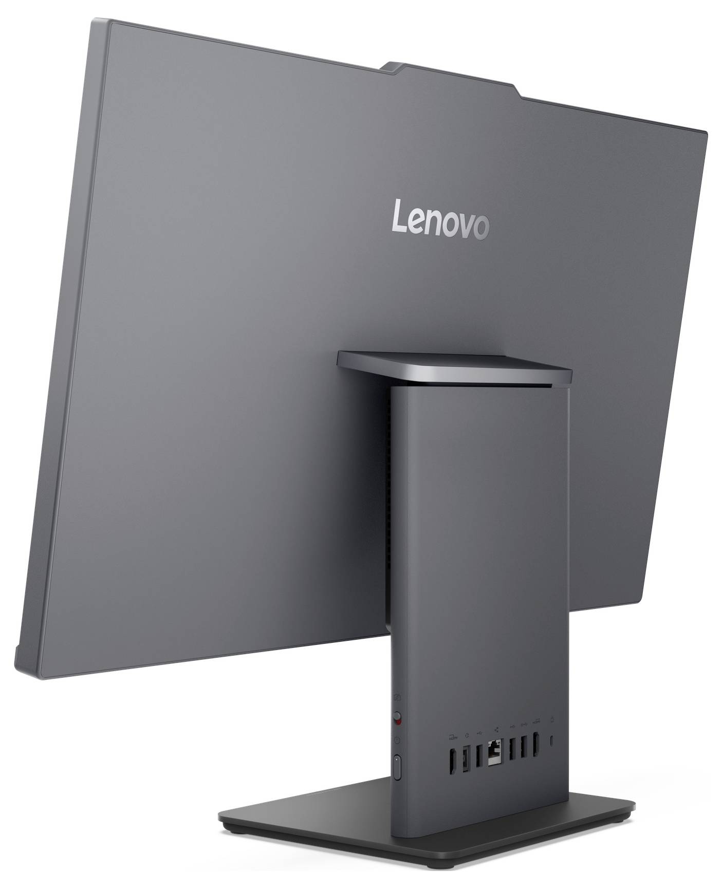 Das Bild zeigt die Rückansicht eines Lenovo All-in-One-Computers auf einem Ständer und hebt verschiedene Anschlüsse an der Basis sowie das schlichte Design hervor.